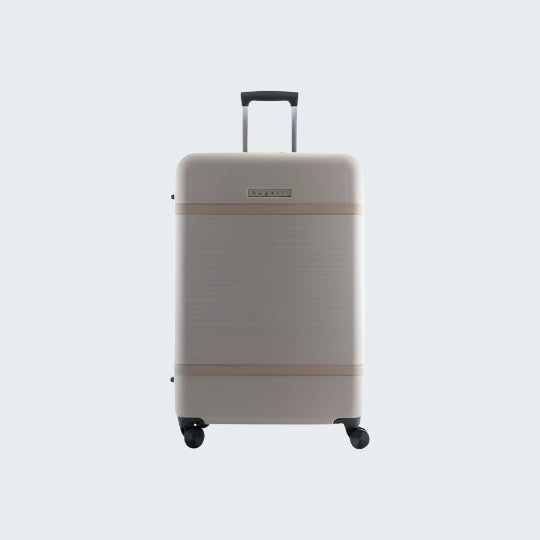 Beige suitcase with a brown band on a white background