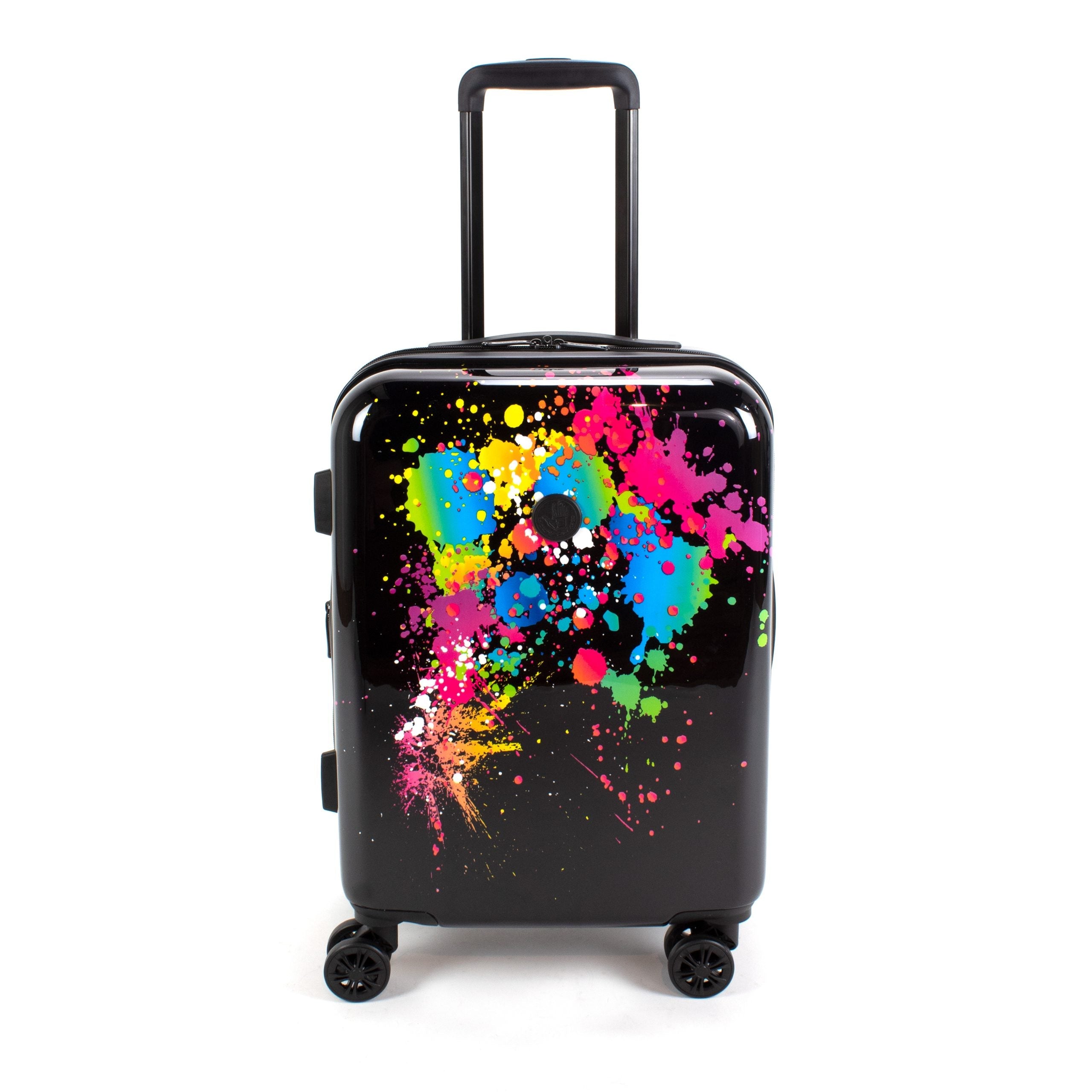 Black suitcase with colorful abstract design on a white background