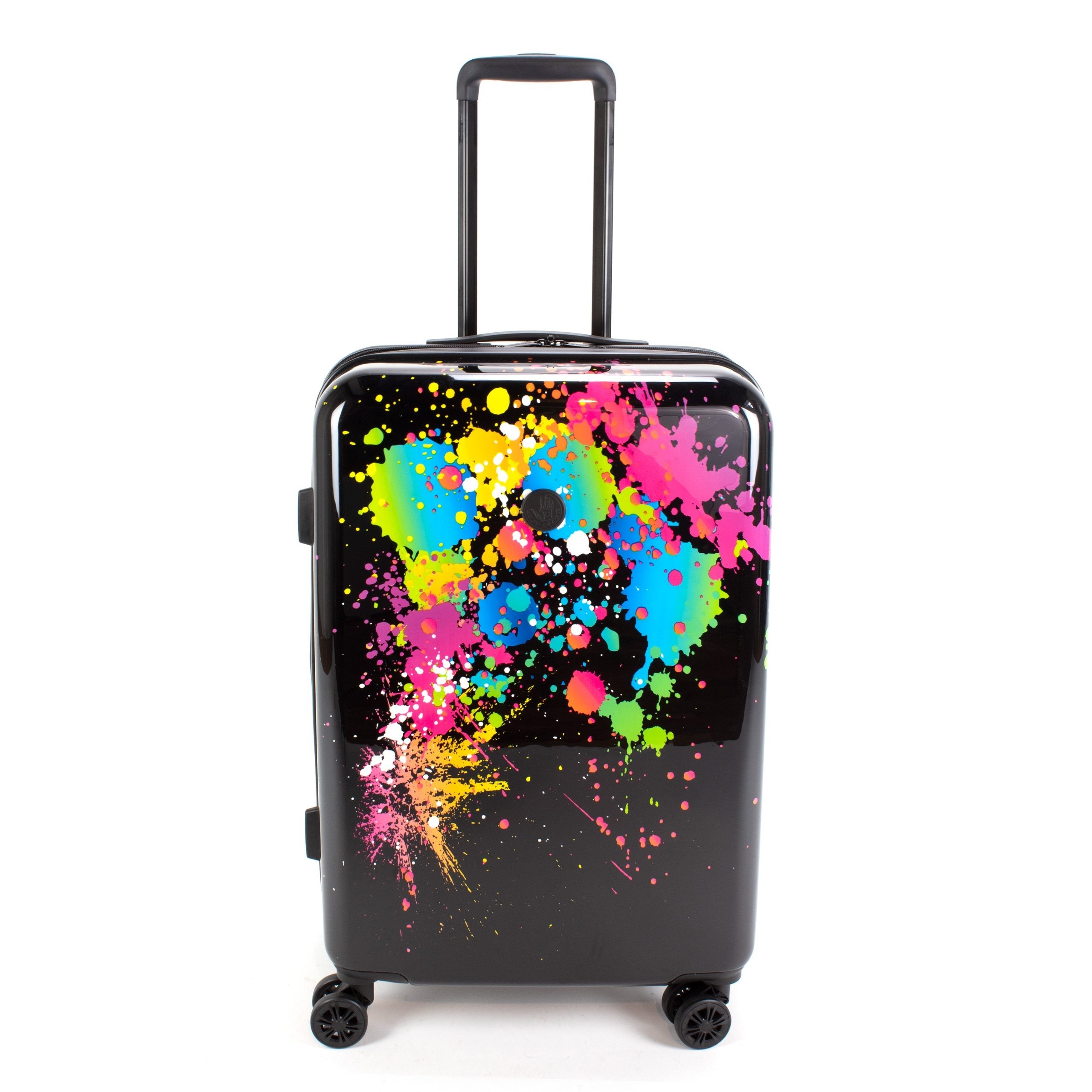 Black suitcase with colorful splatter design on a white background