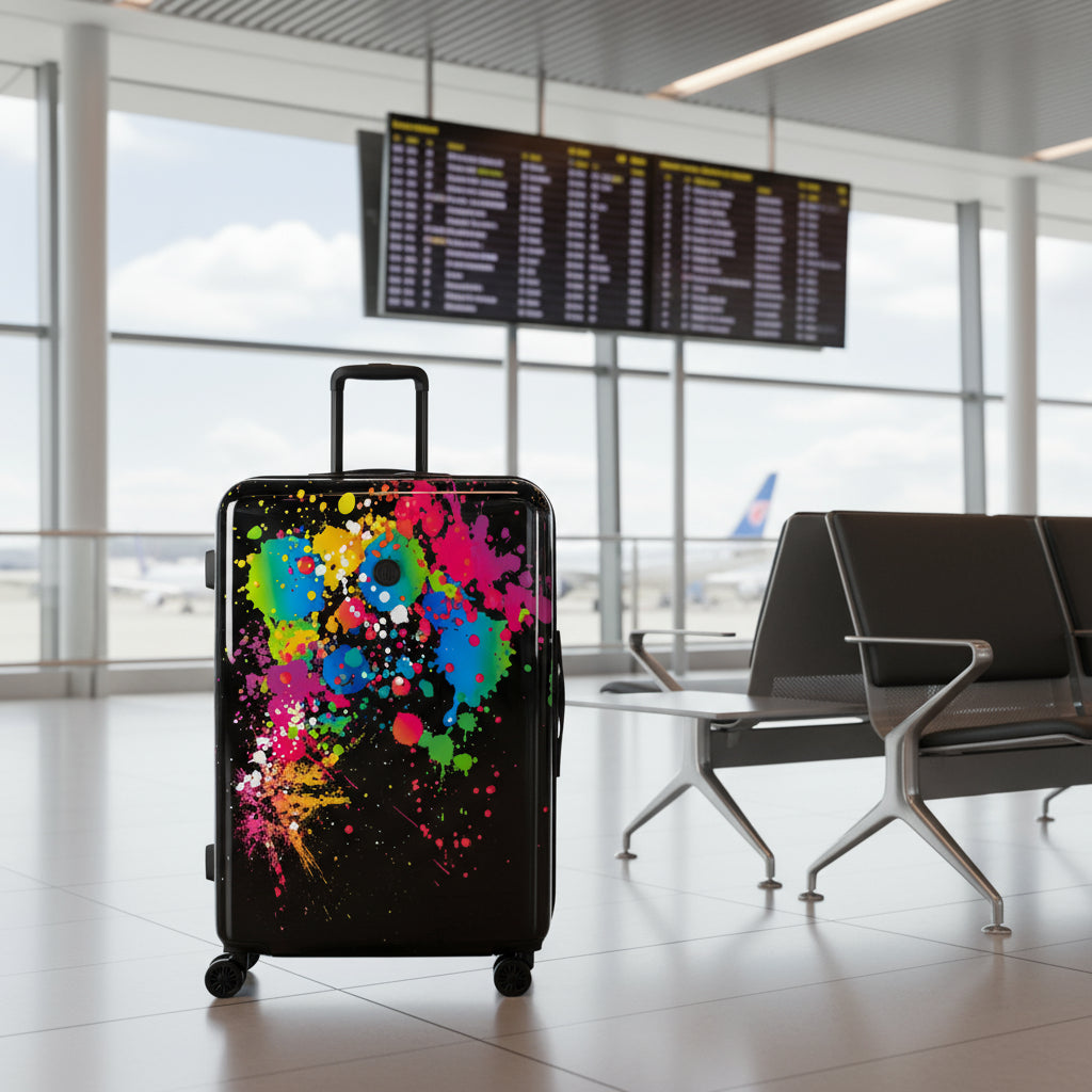Black suitcase with colorful abstract design on a white background