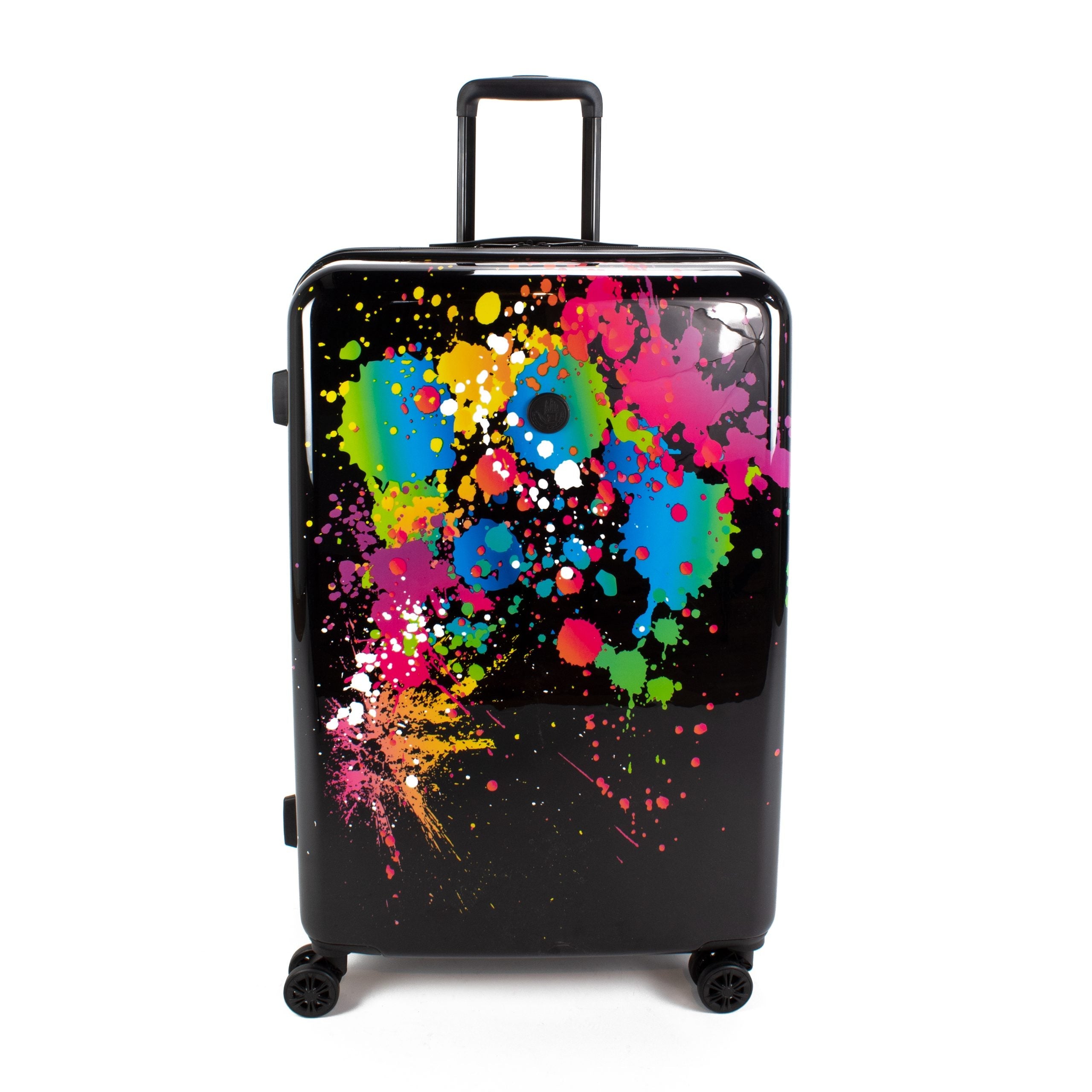 Black suitcase with colorful abstract design on a white background
