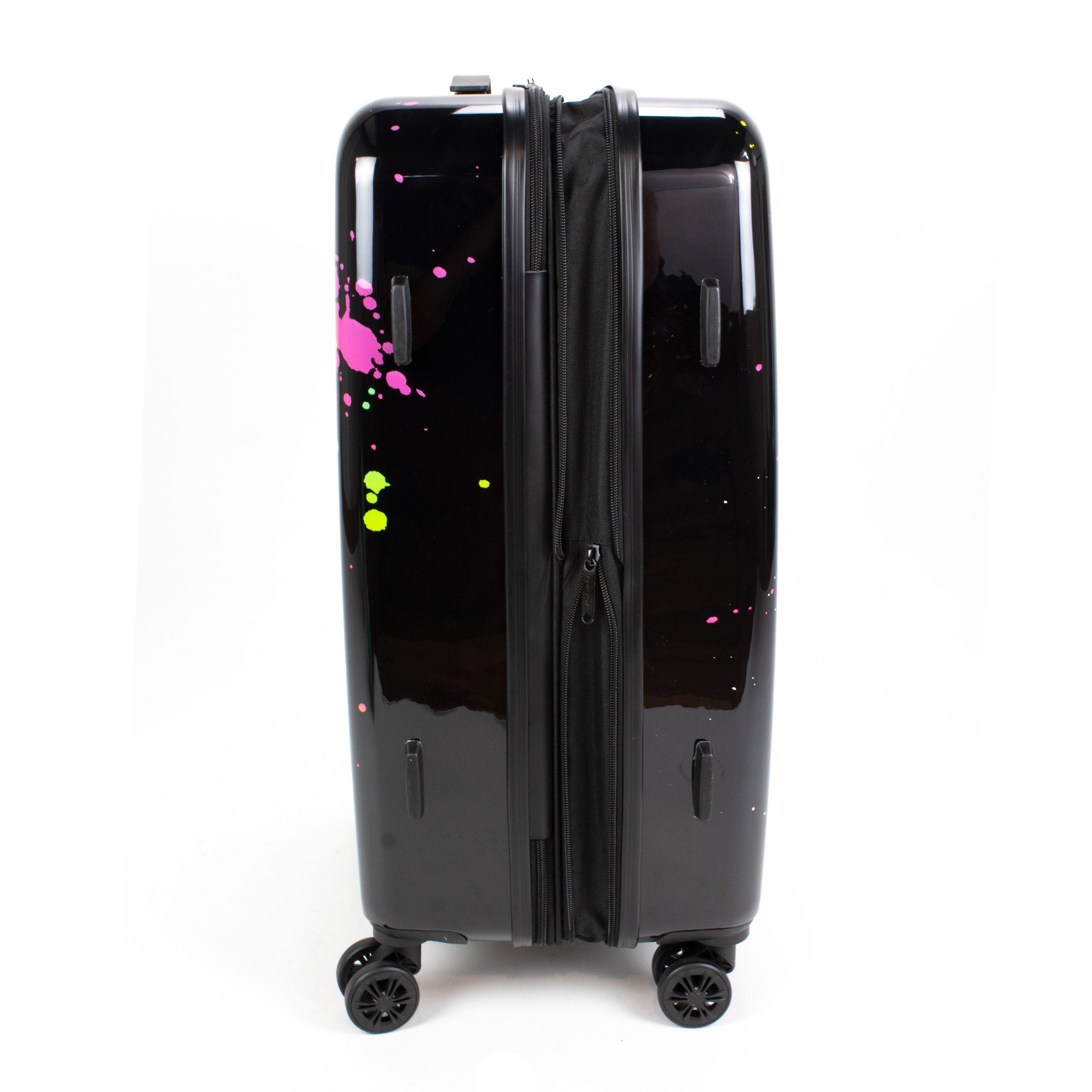 Black suitcase with colorful splashes on a white background