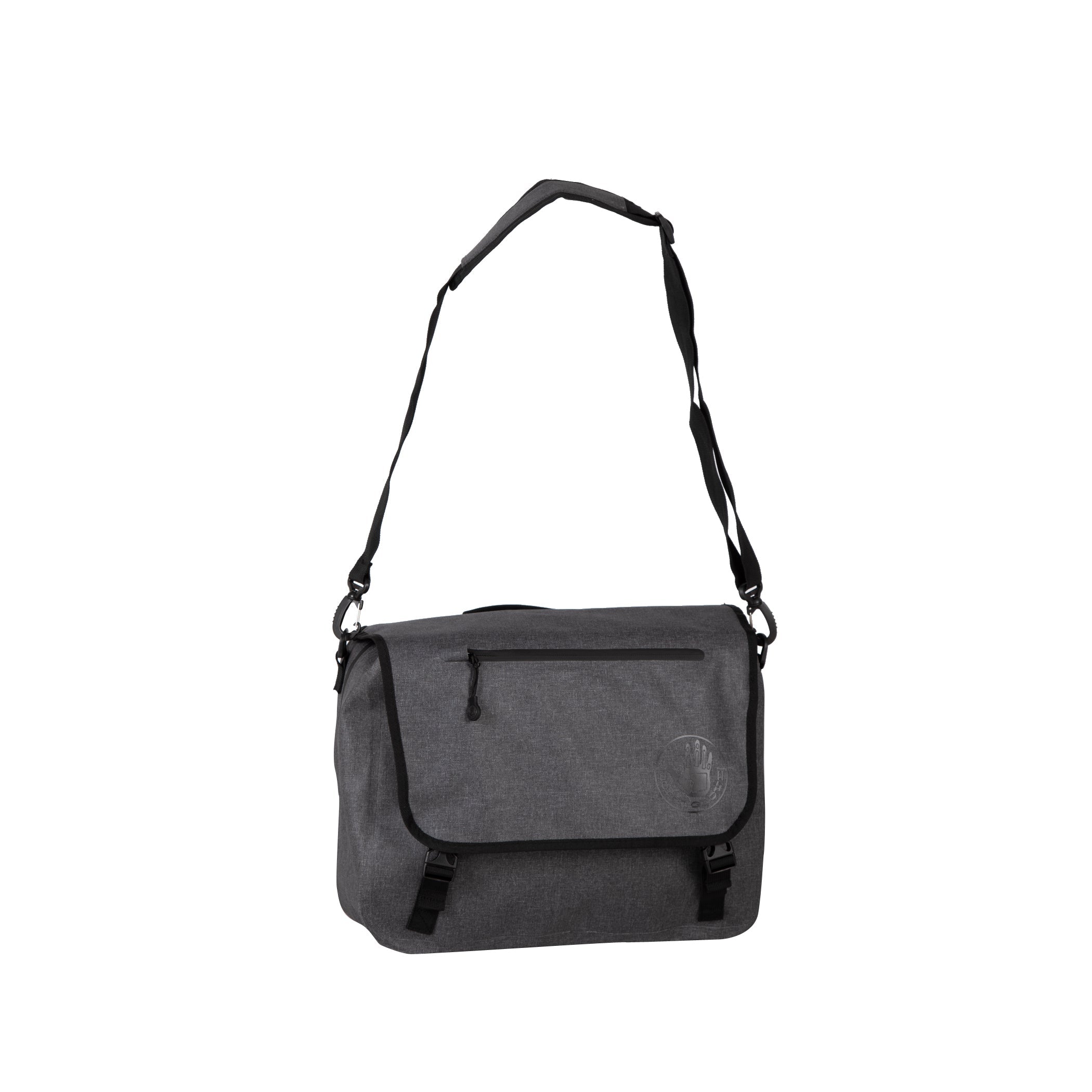 Gray shoulder bag with a black strap on a white background