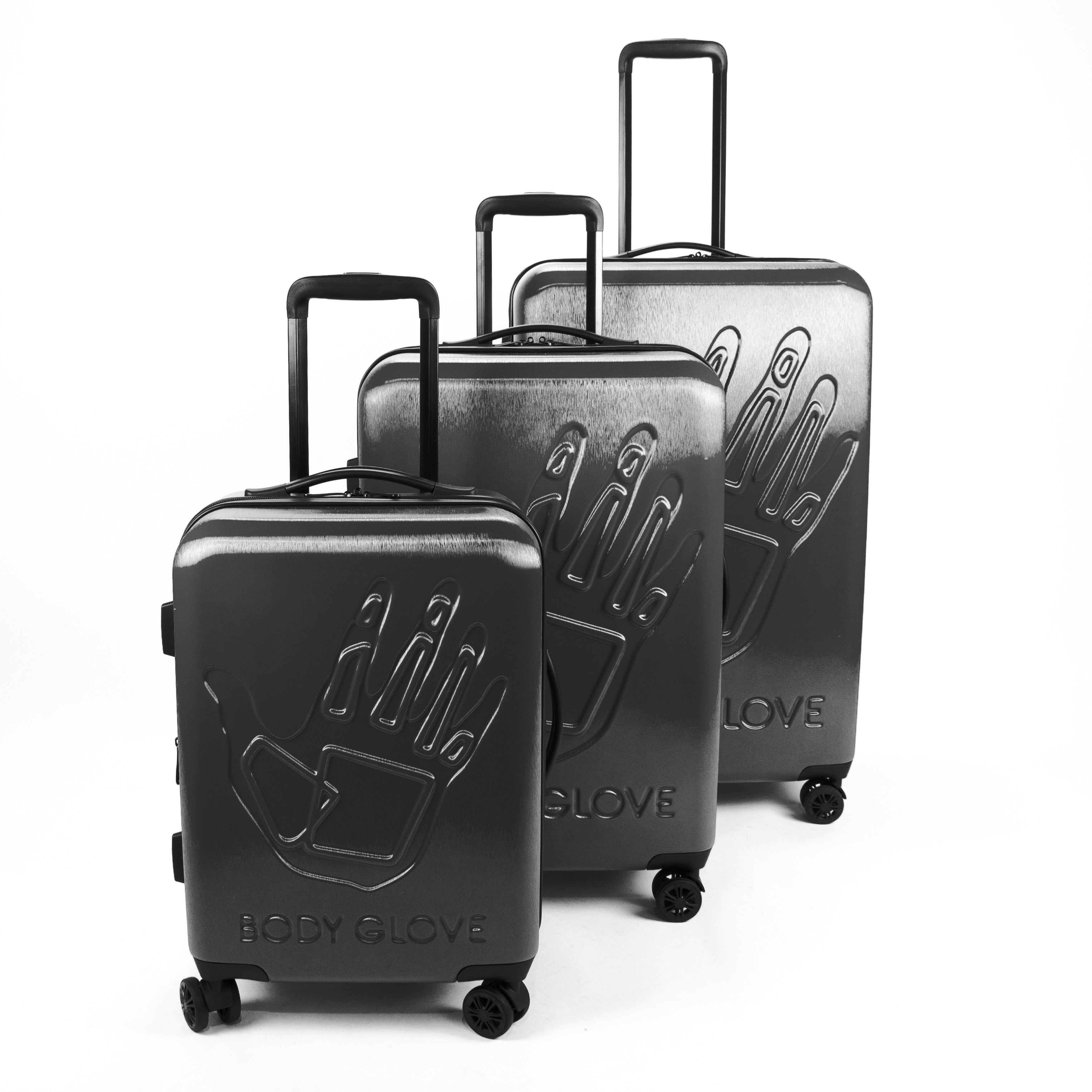 Three black suitcases with 'BODY GLOVE' branding on a white background