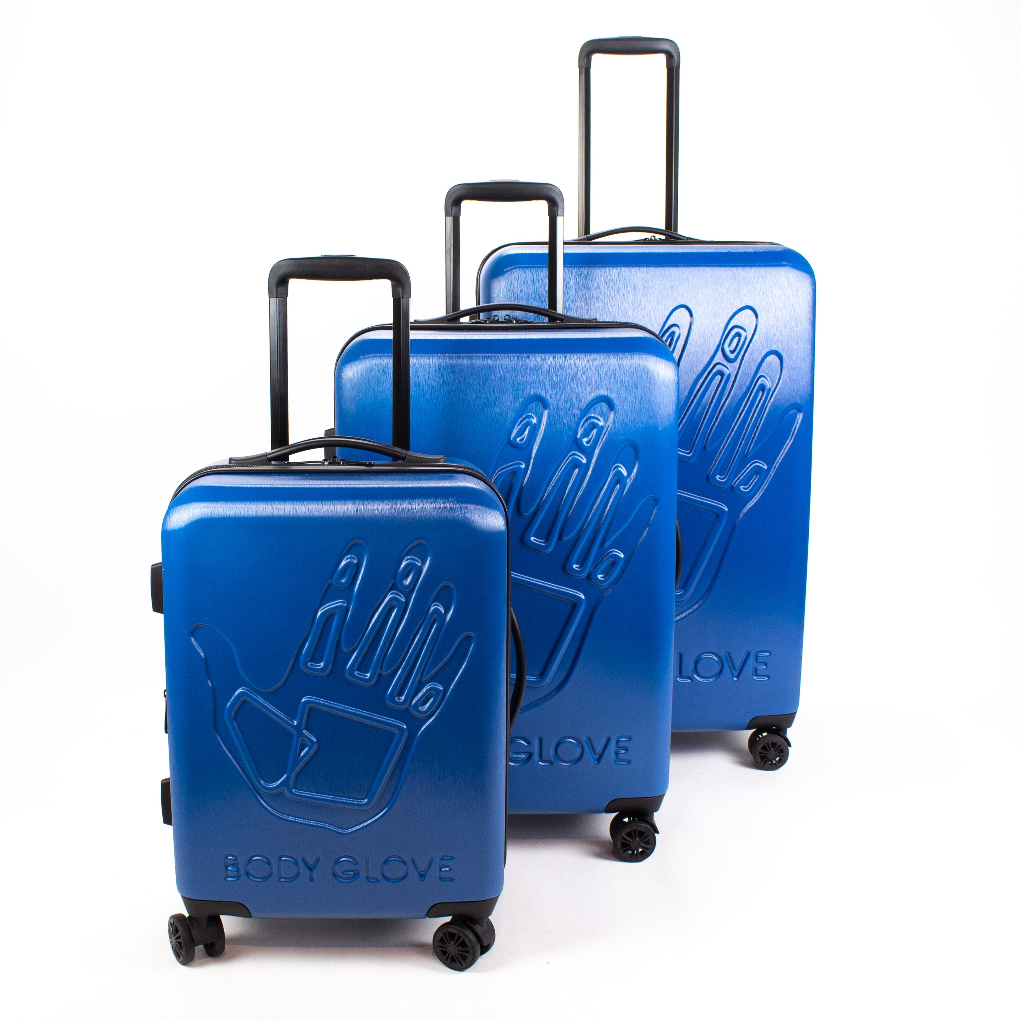 Set of three blue suitcases with 'BODY GLOVE' branding on a white background