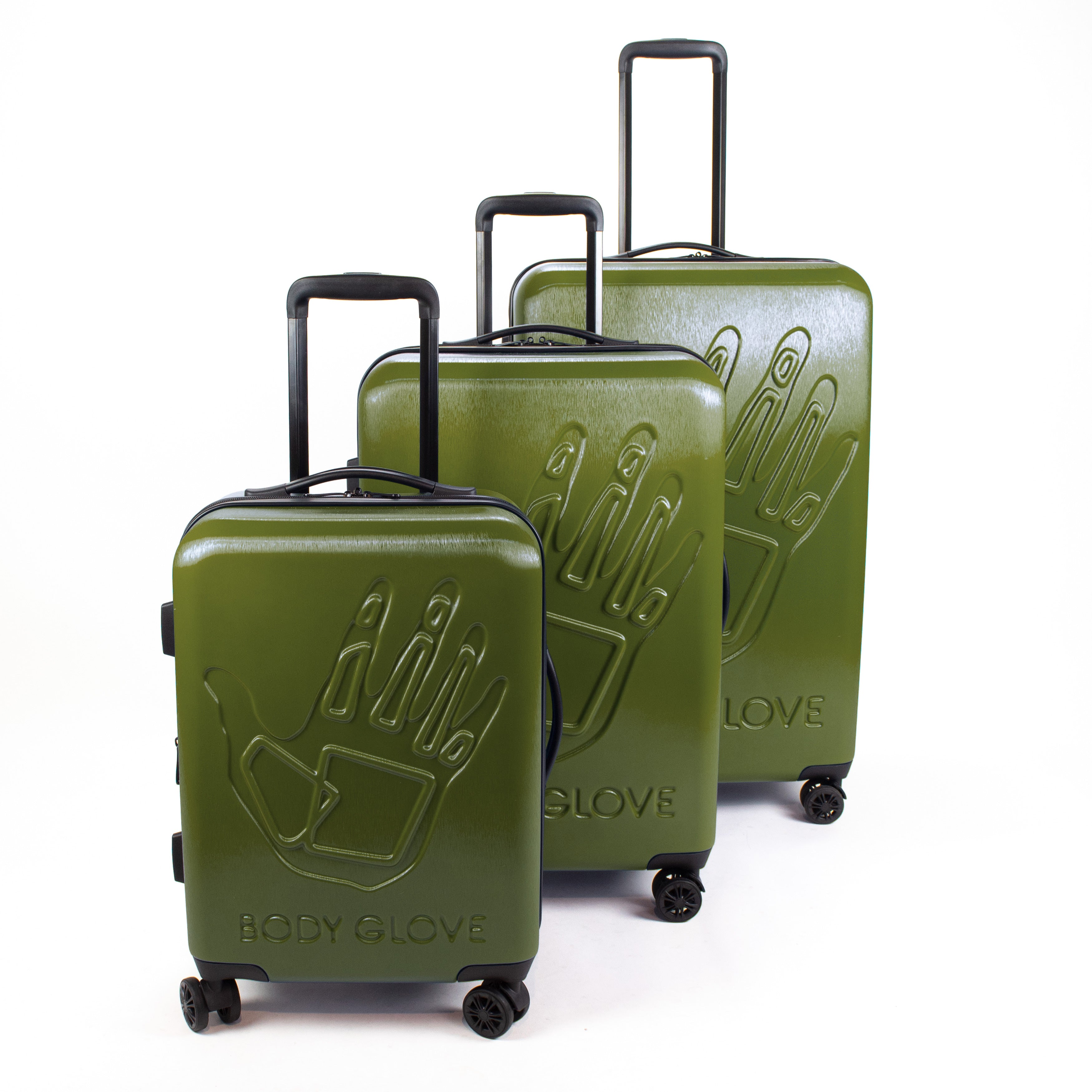 Three green suitcases with 'Body Glove' branding on a white background