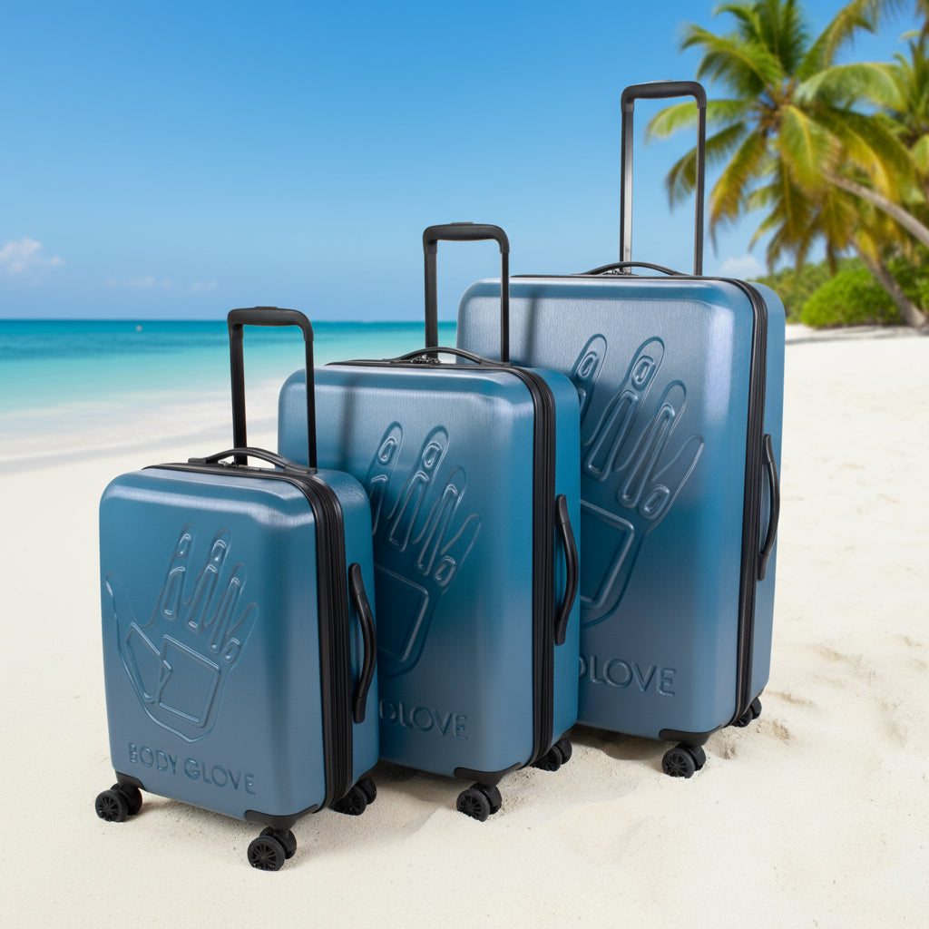 Set of three blue suitcases with 'Glove' branding on a white background