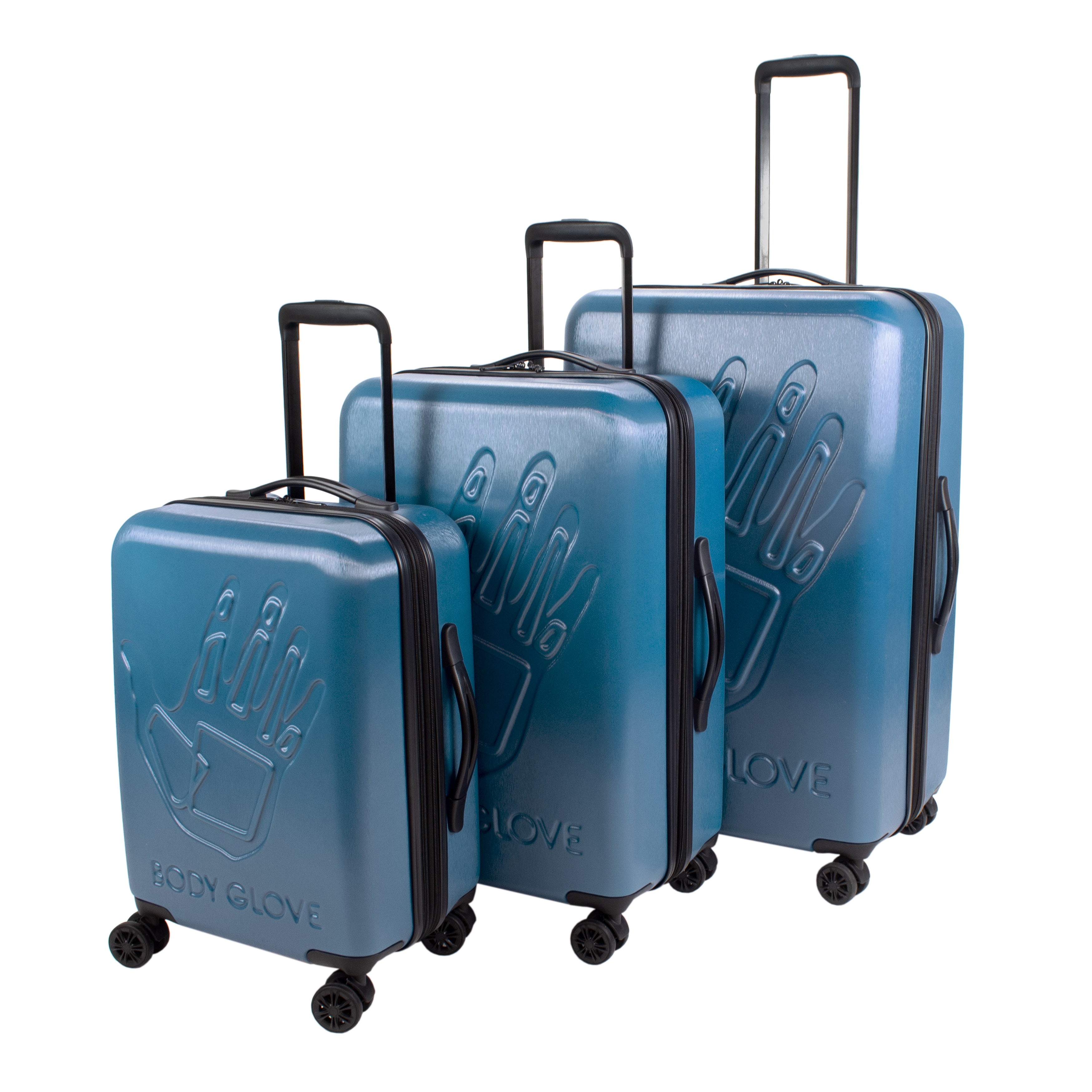 Set of three blue suitcases with 'Glove' branding on a white background