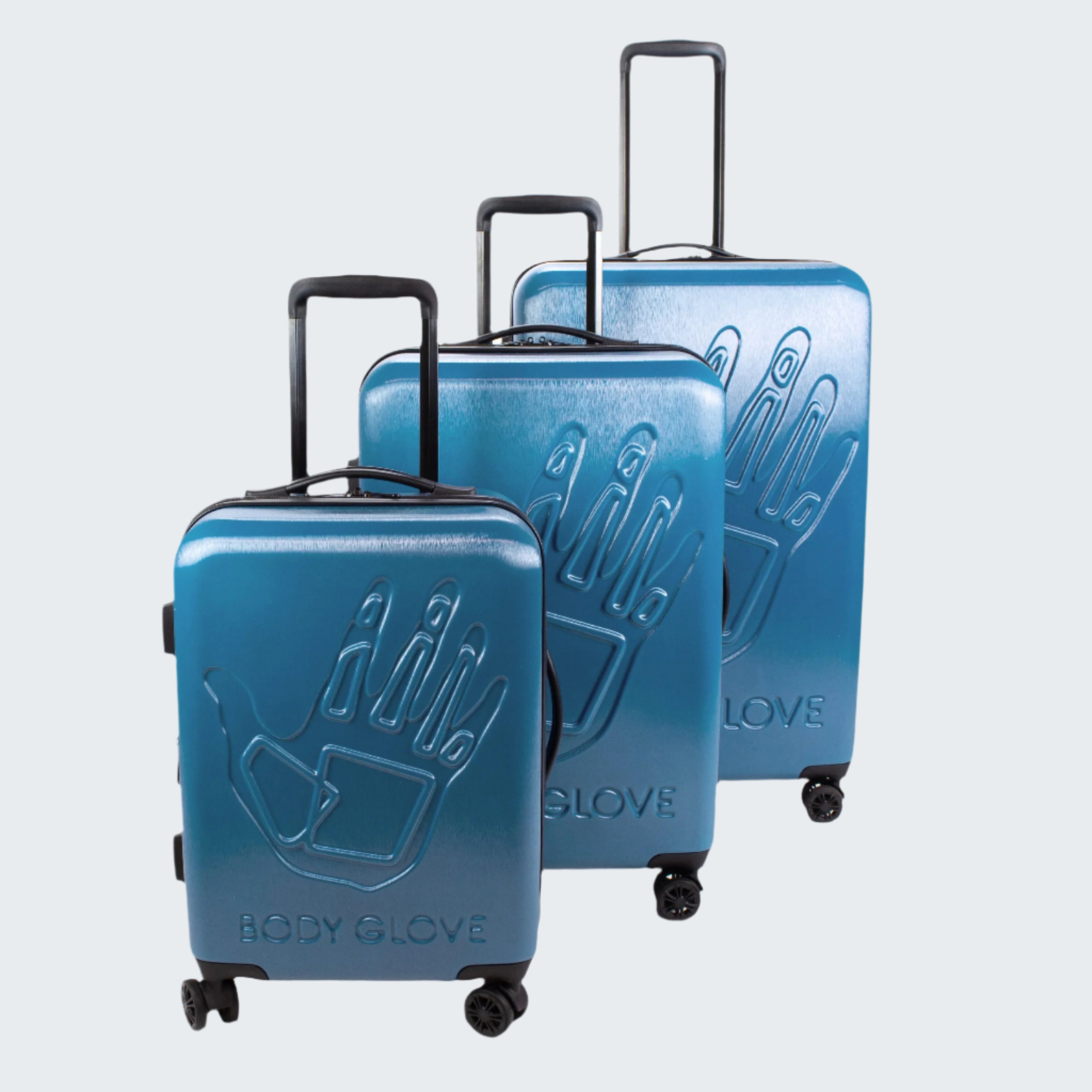 Set of three blue suitcases with 'BODY GLOVE' branding on a white background