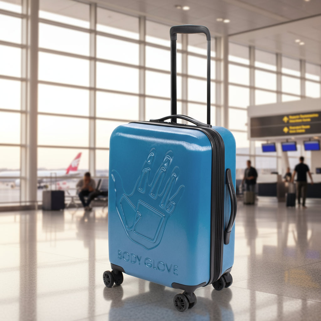 Blue suitcase with black handle and wheels on a white background