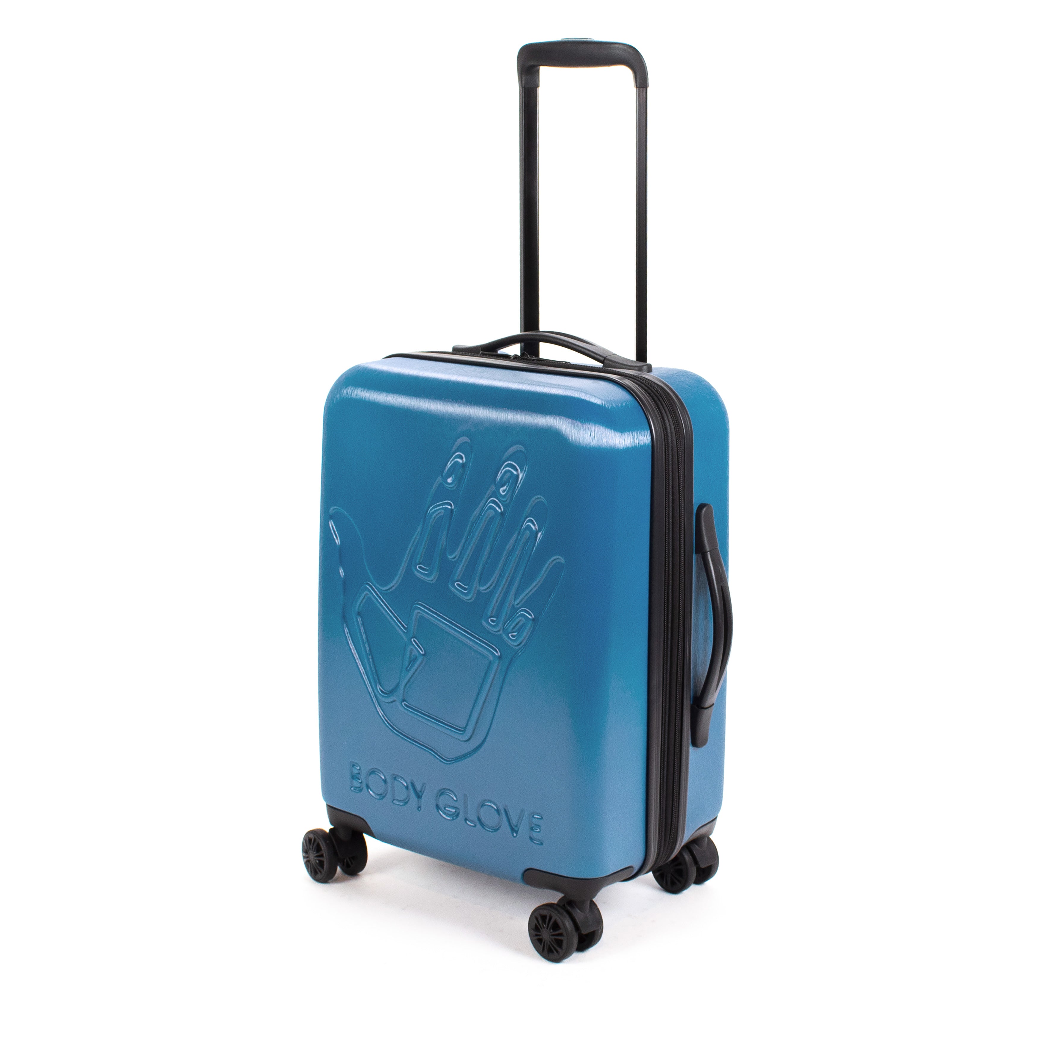 Blue suitcase with black handle and wheels on a white background