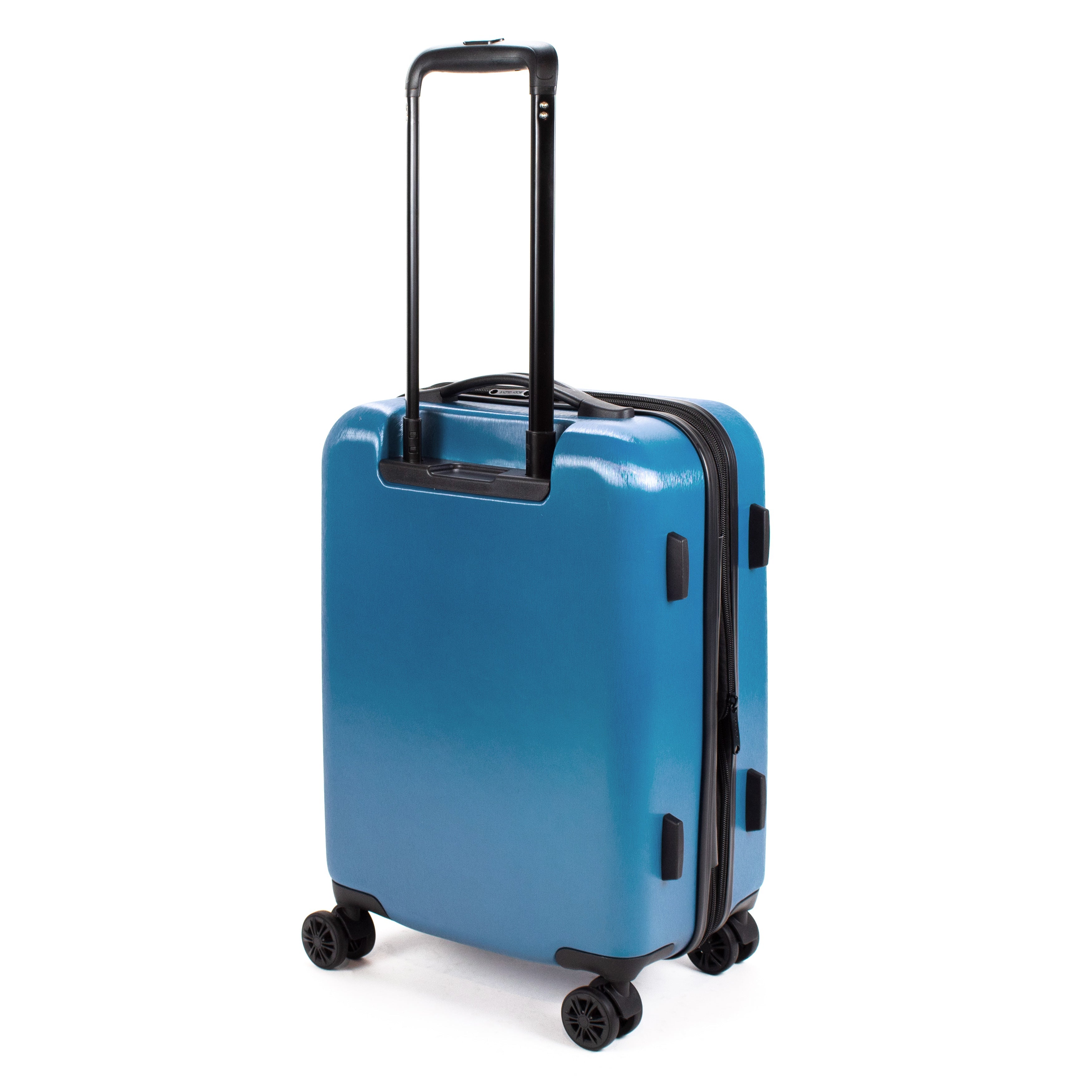 Blue suitcase with black handle and wheels on a white background