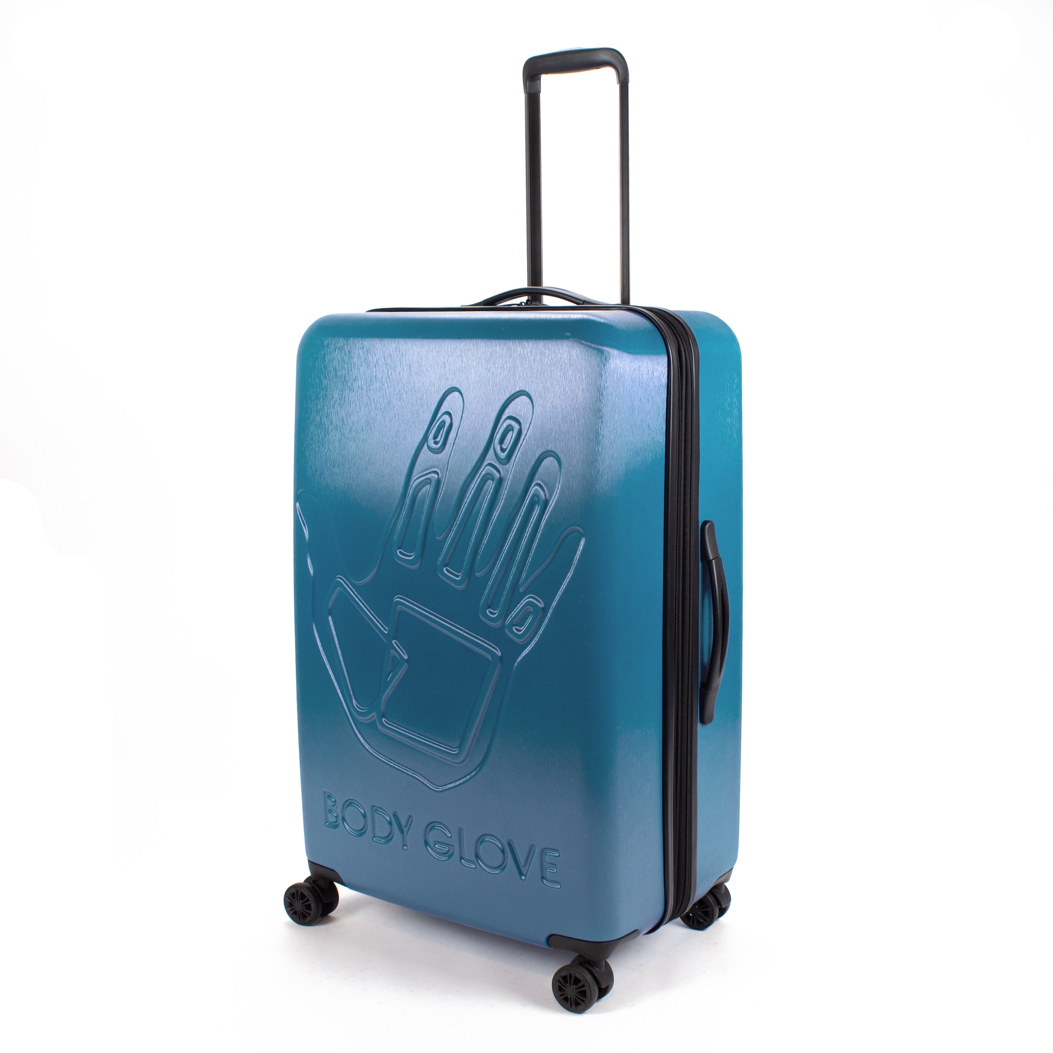 Blue suitcase with 'Body Glove' branding on a white background