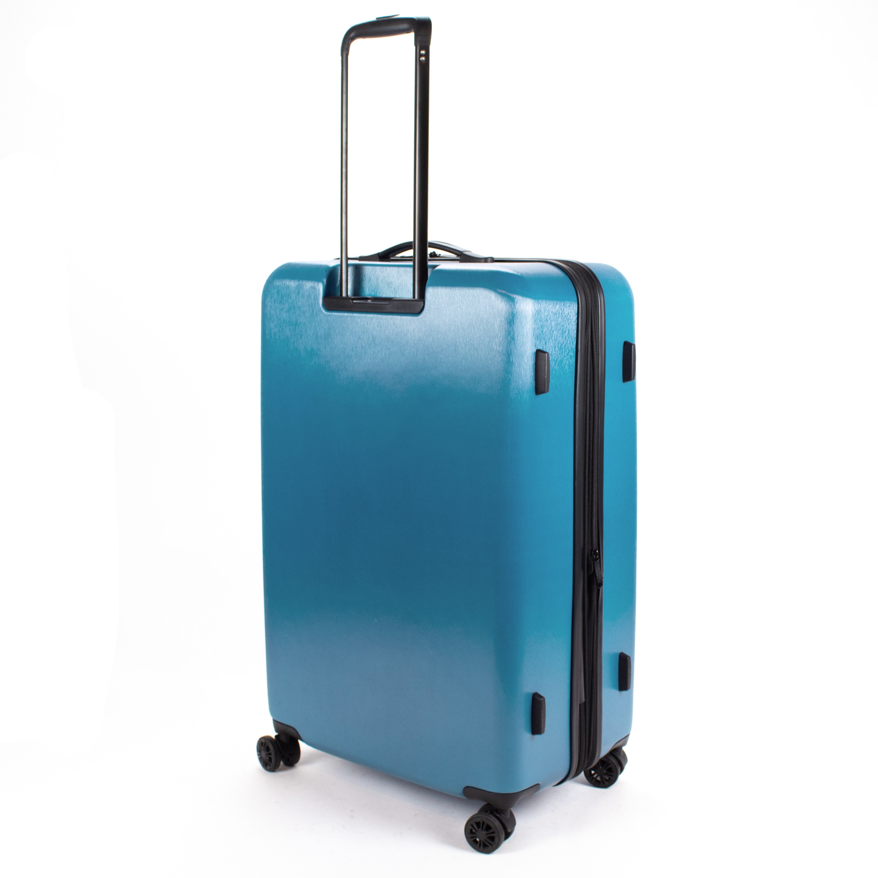 Blue suitcase with a black handle on a white background