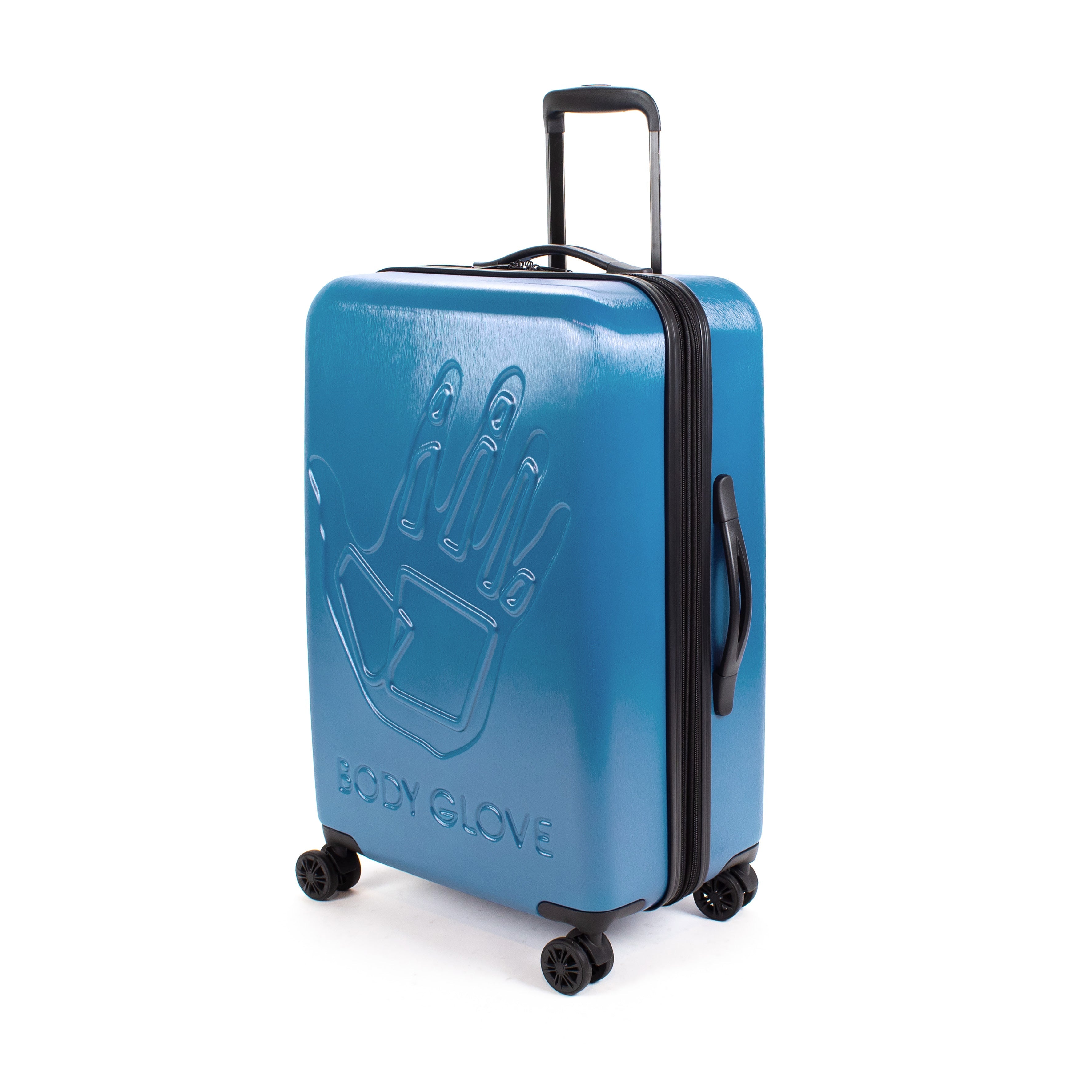 Blue suitcase with 'Body Glove' branding on a white background
