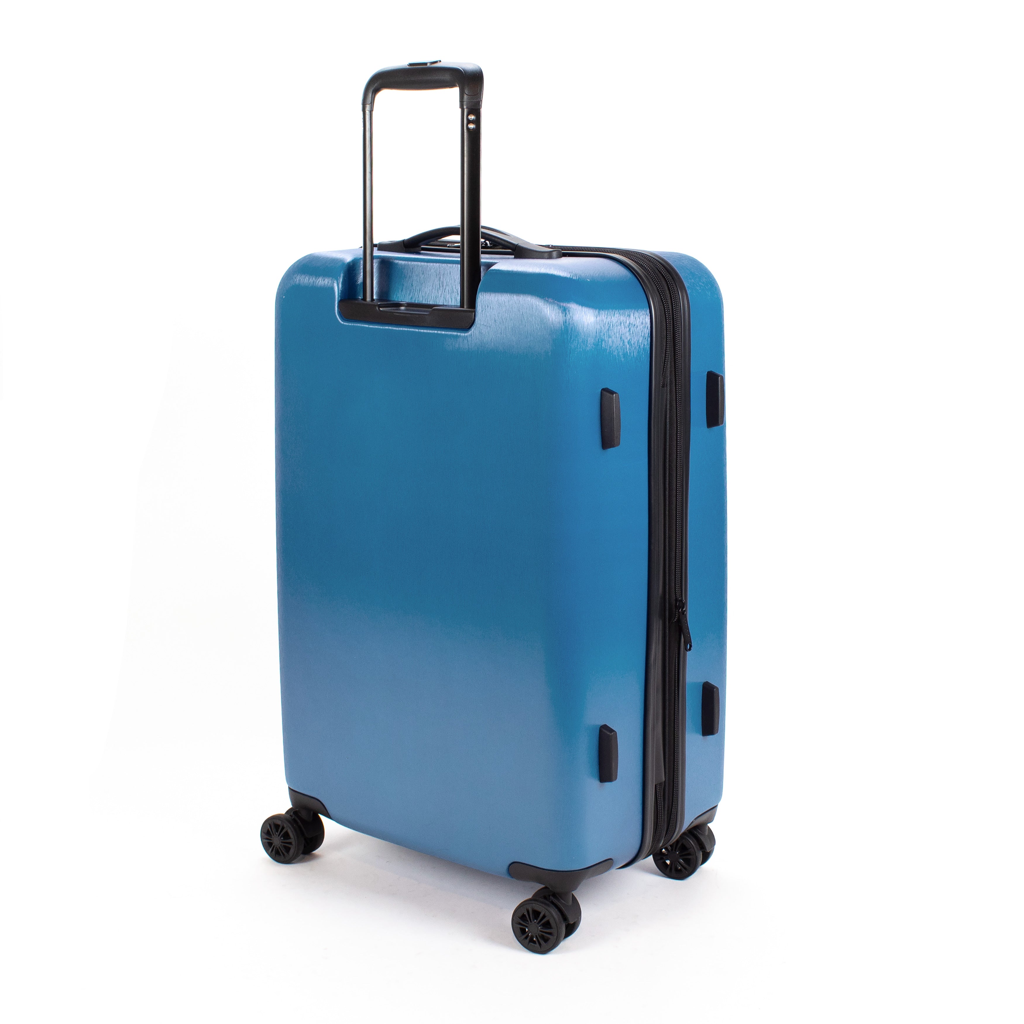 Blue suitcase with black handle and wheels on a white background