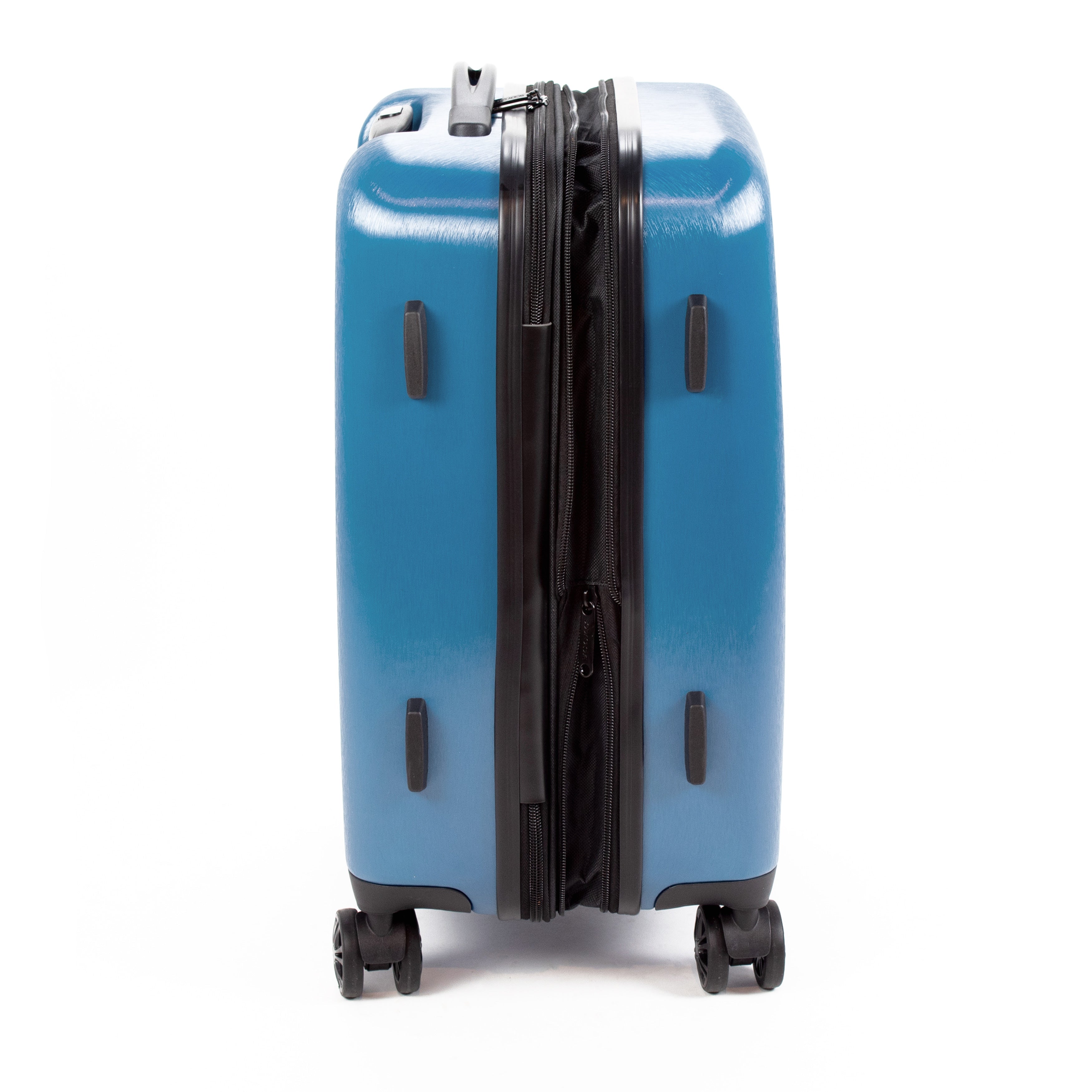 Blue suitcase with open zipper on a white background