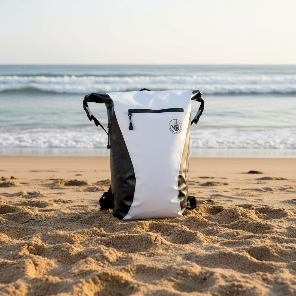 White and black backpack with a visible brand logo on a white background