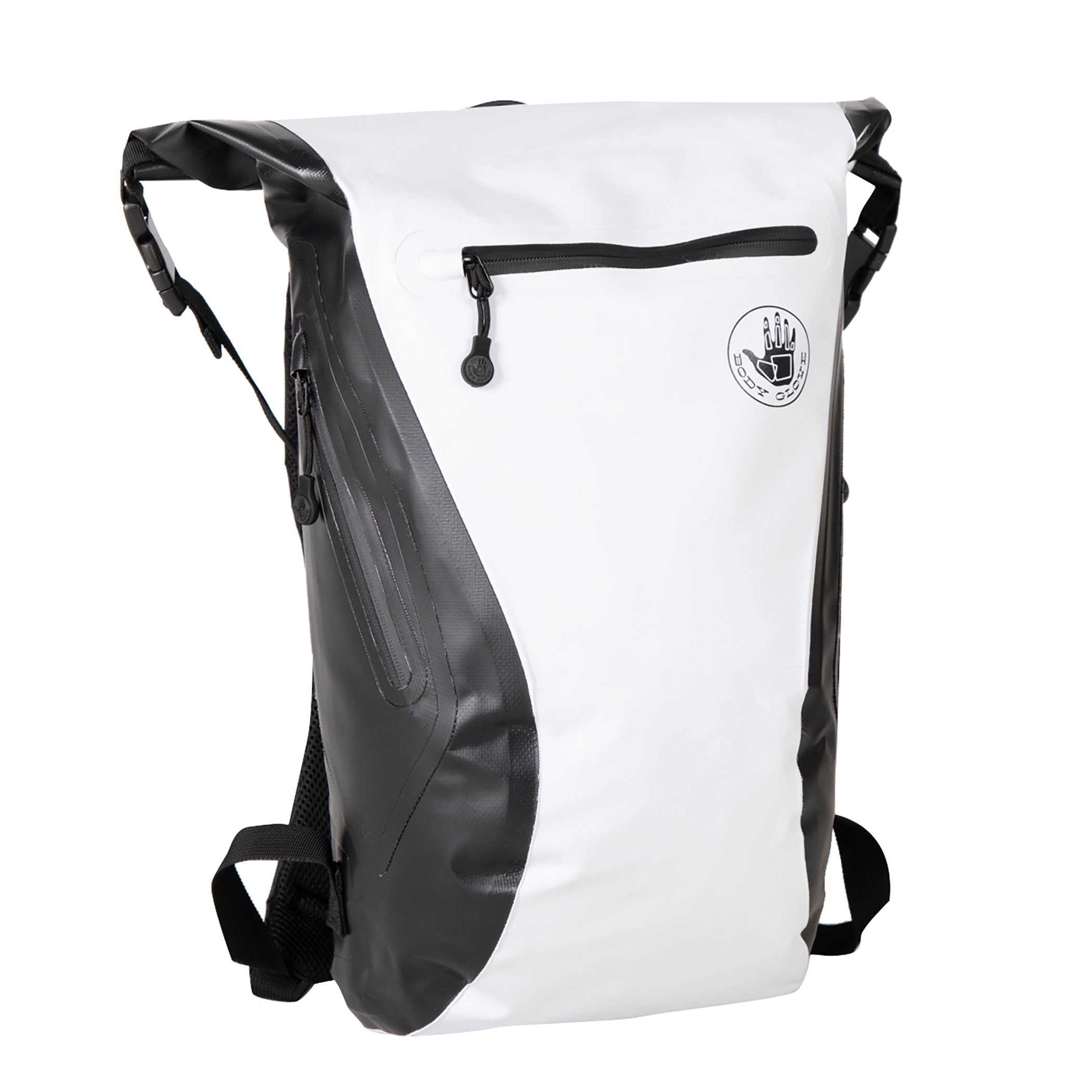 White and black backpack with a visible brand logo on a white background
