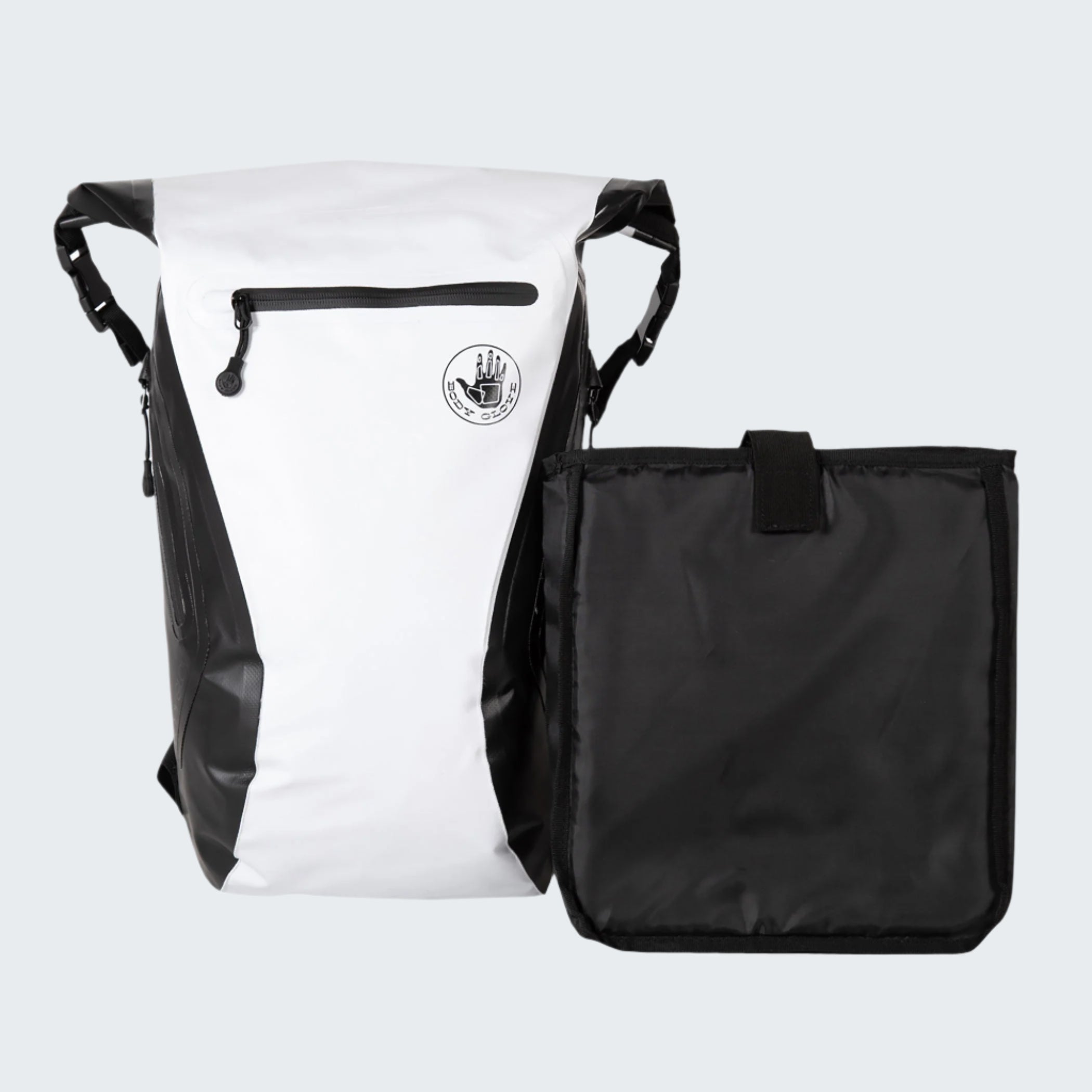 White backpack with black accents and a black pouch on a white background