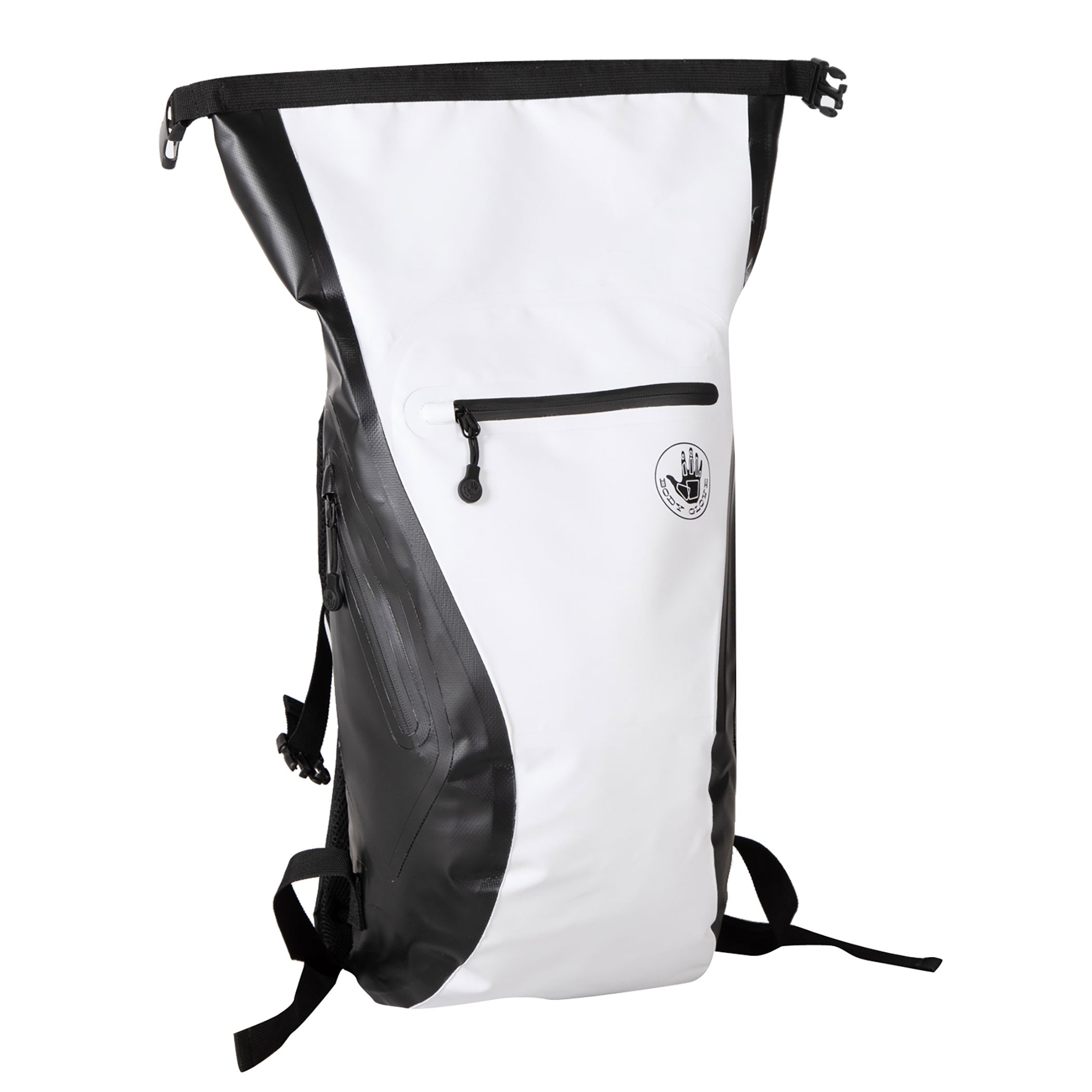 White and black dry bag with a visible brand logo on a white background