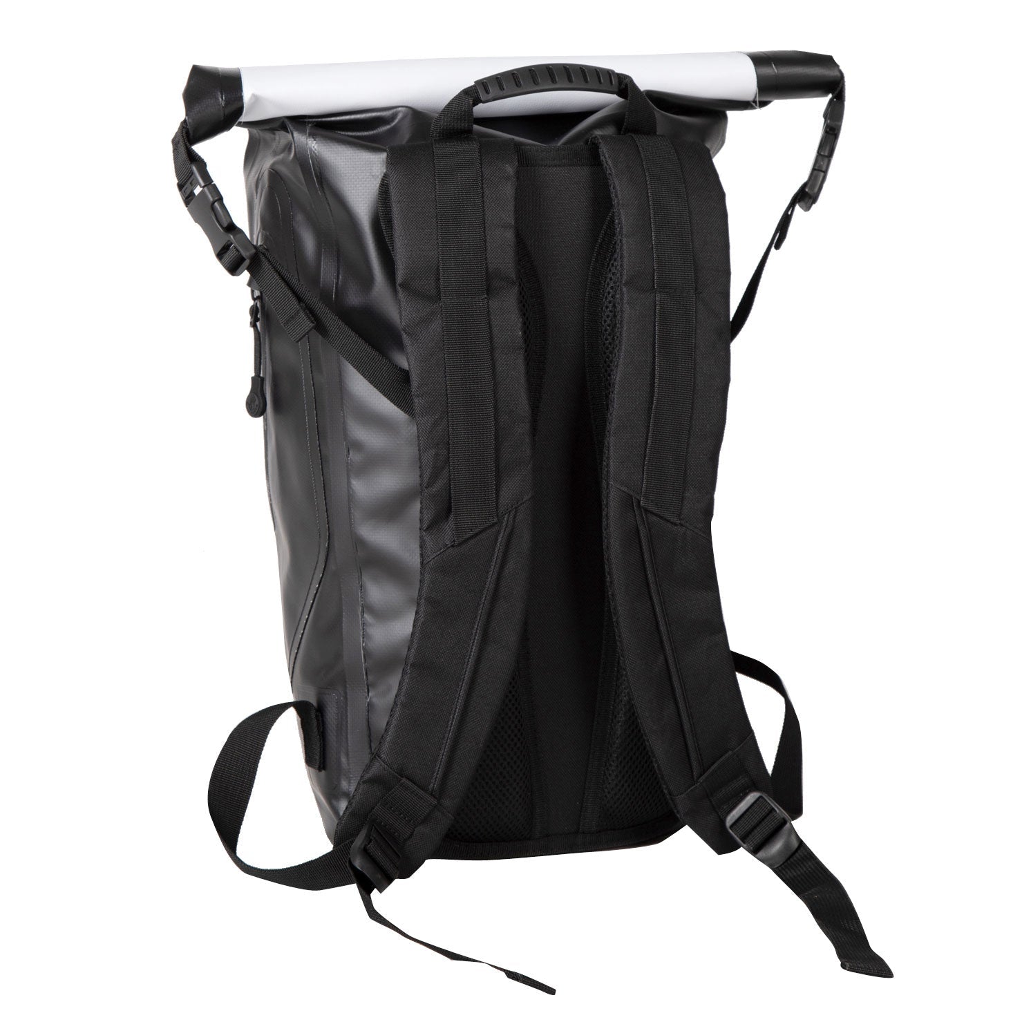Black backpack with a white handle on a white background