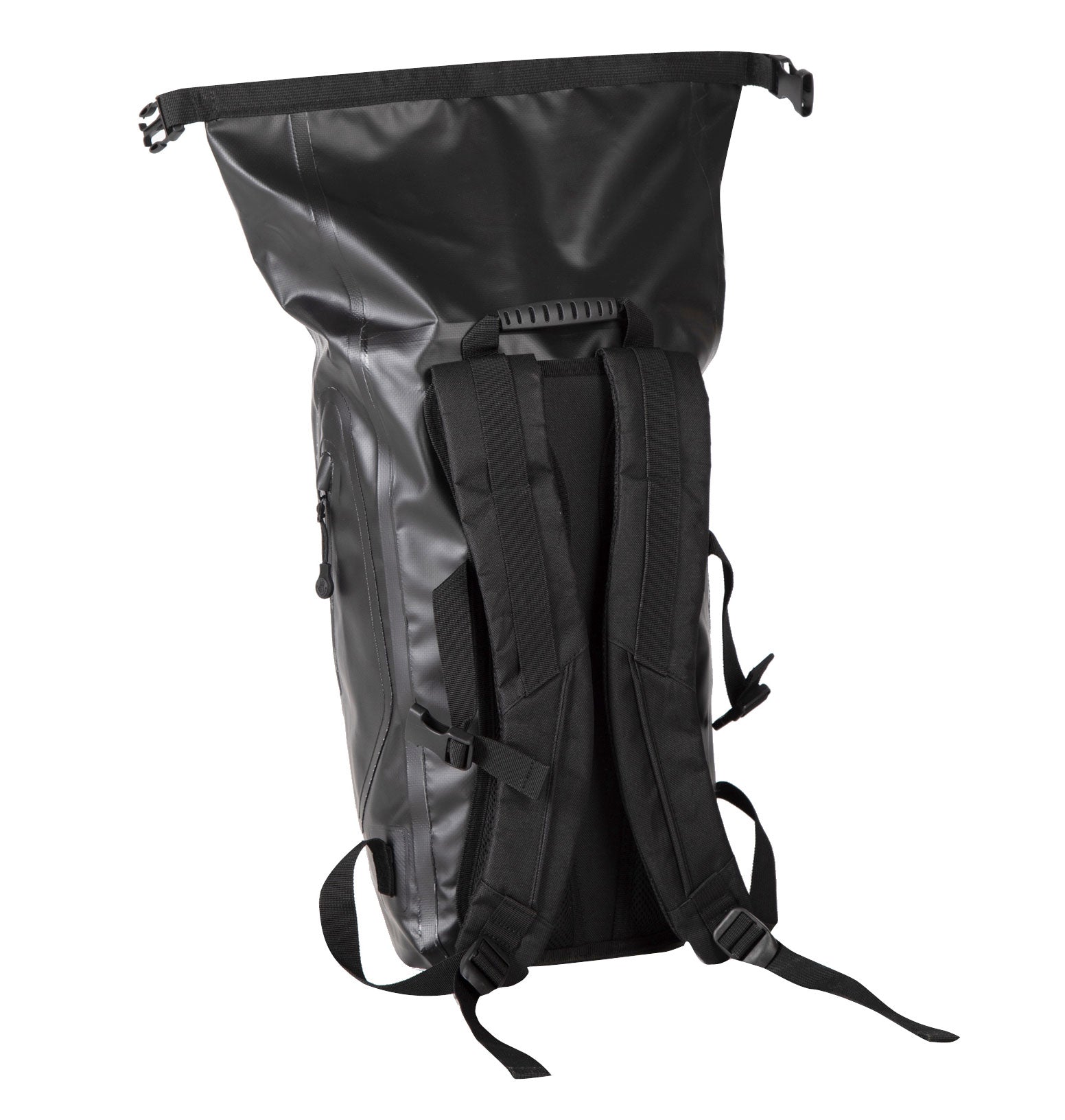 Black waterproof backpack on a white background