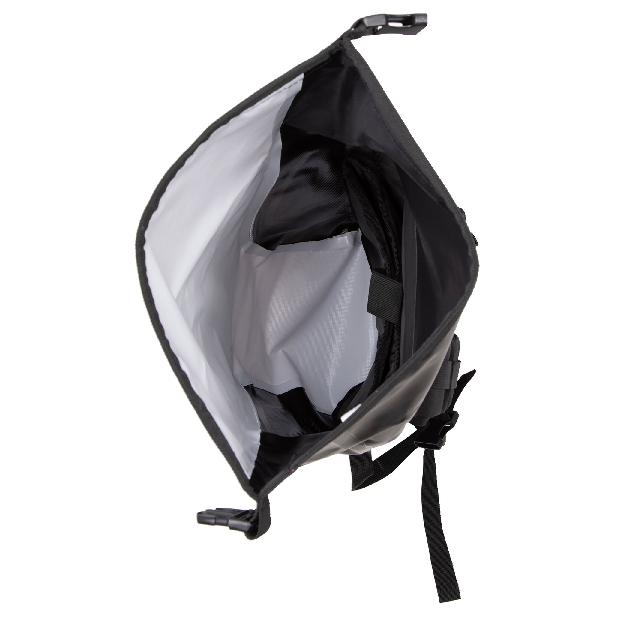 Black and gray bag with a white interior on a white background