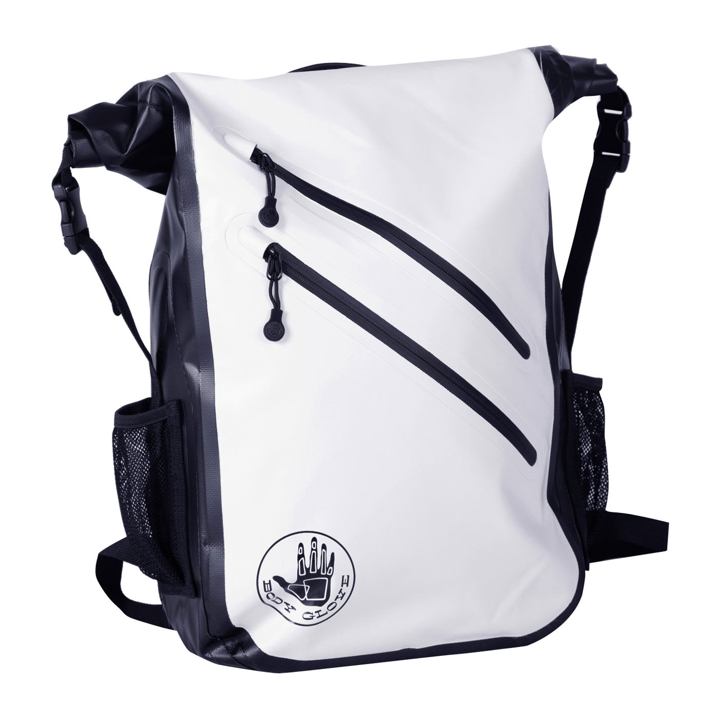 White backpack with black accents and a logo on a white background