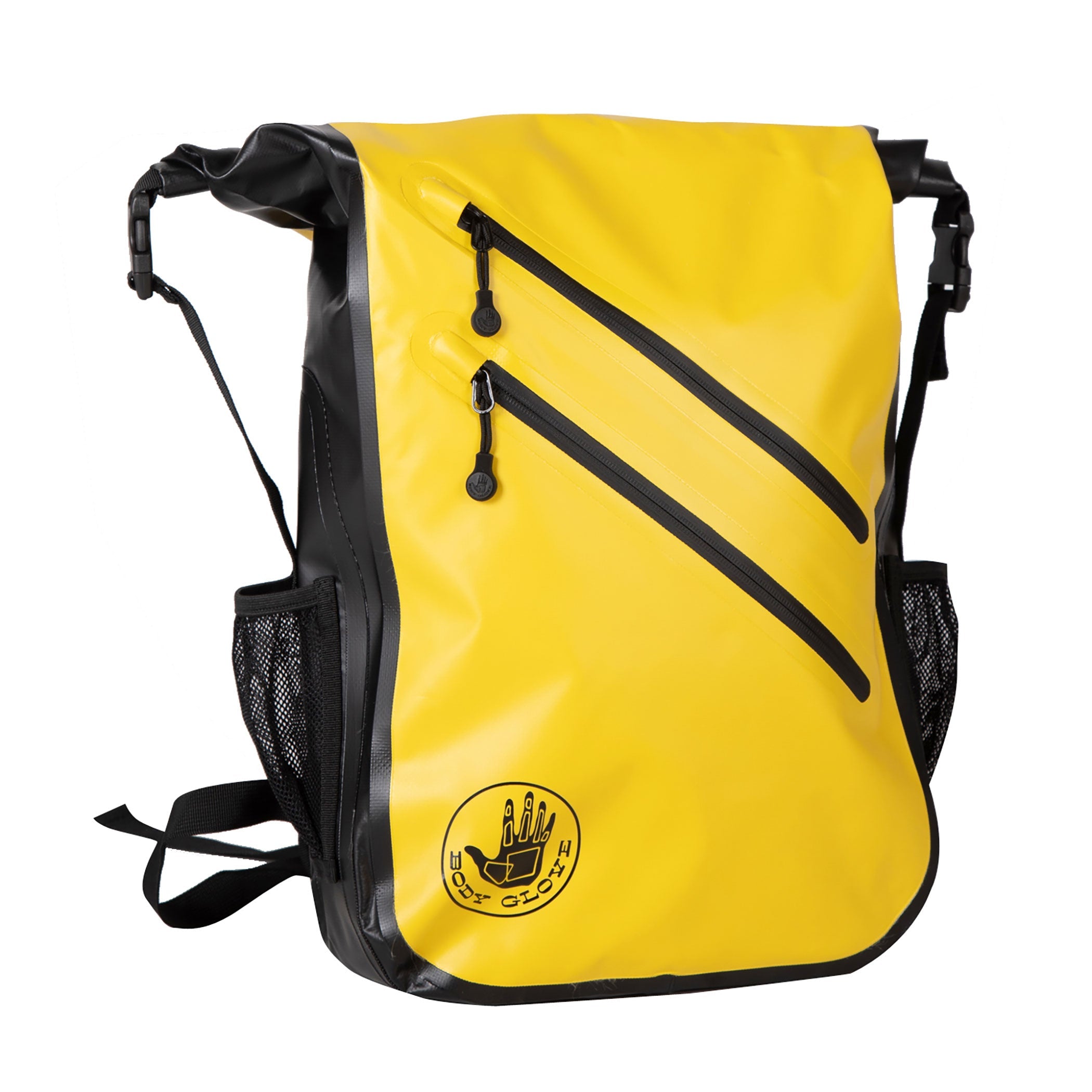 Yellow backpack with black accents on a white background