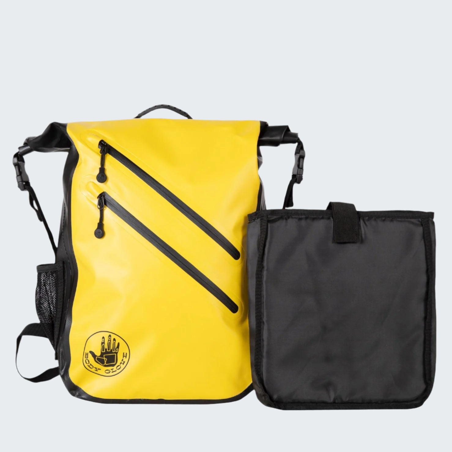 Yellow backpack with a black pouch on a white background