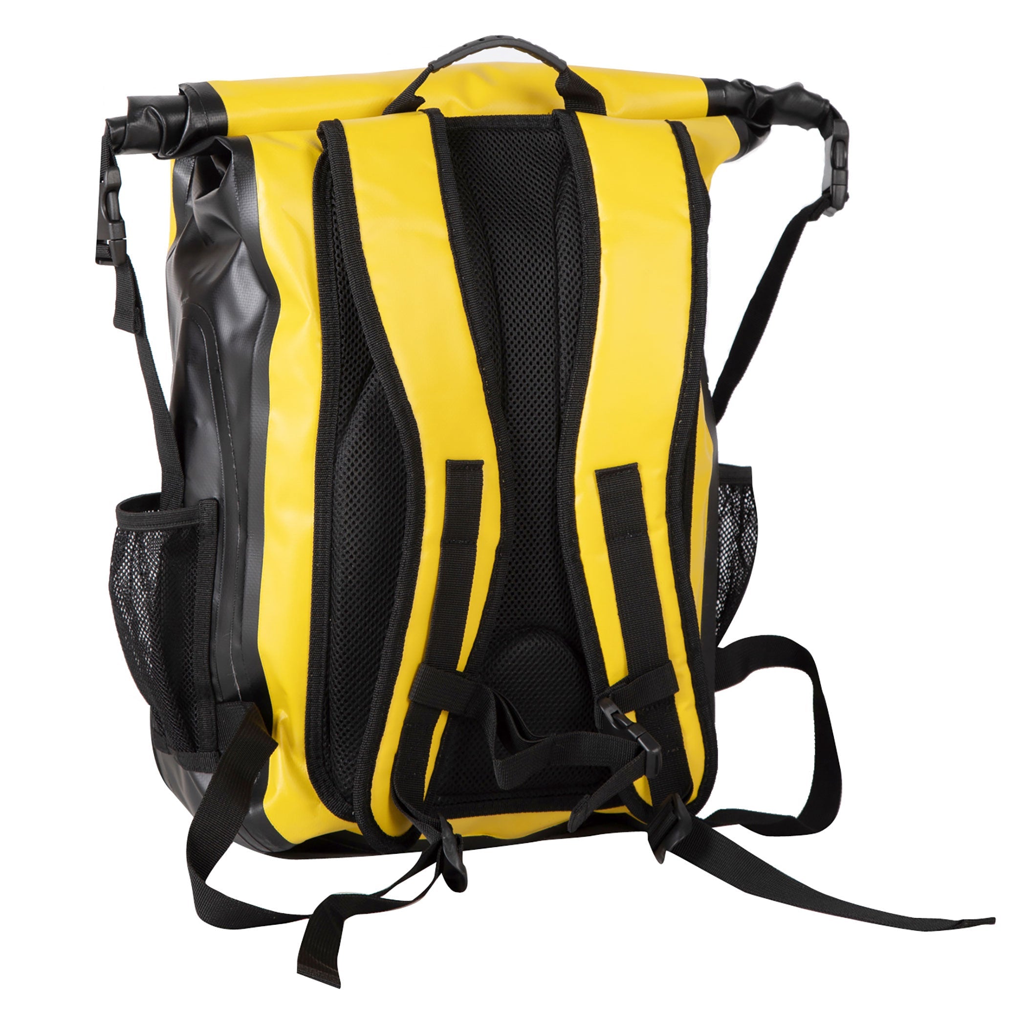 Yellow and black backpack on a white background