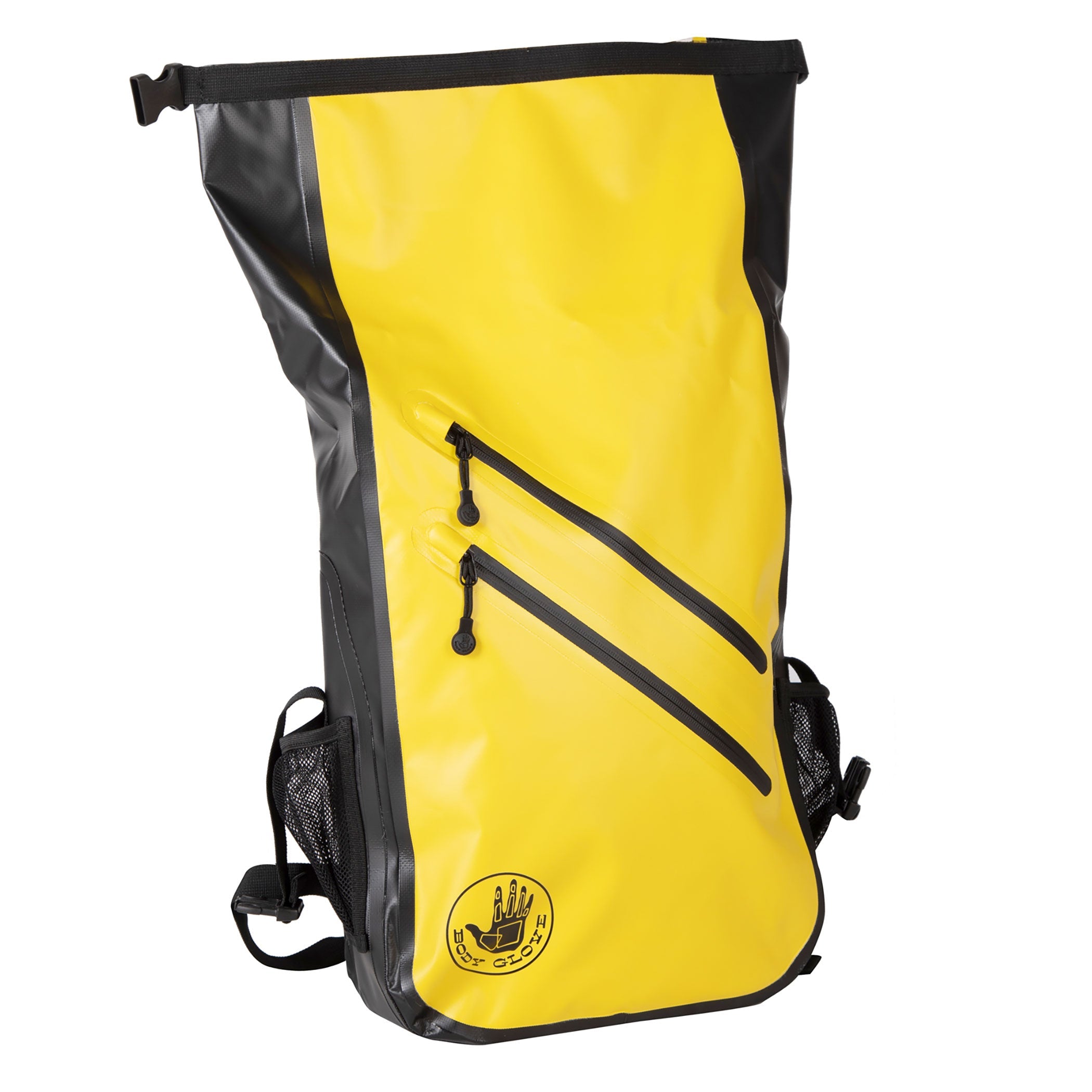 Yellow backpack with black accents on a white background