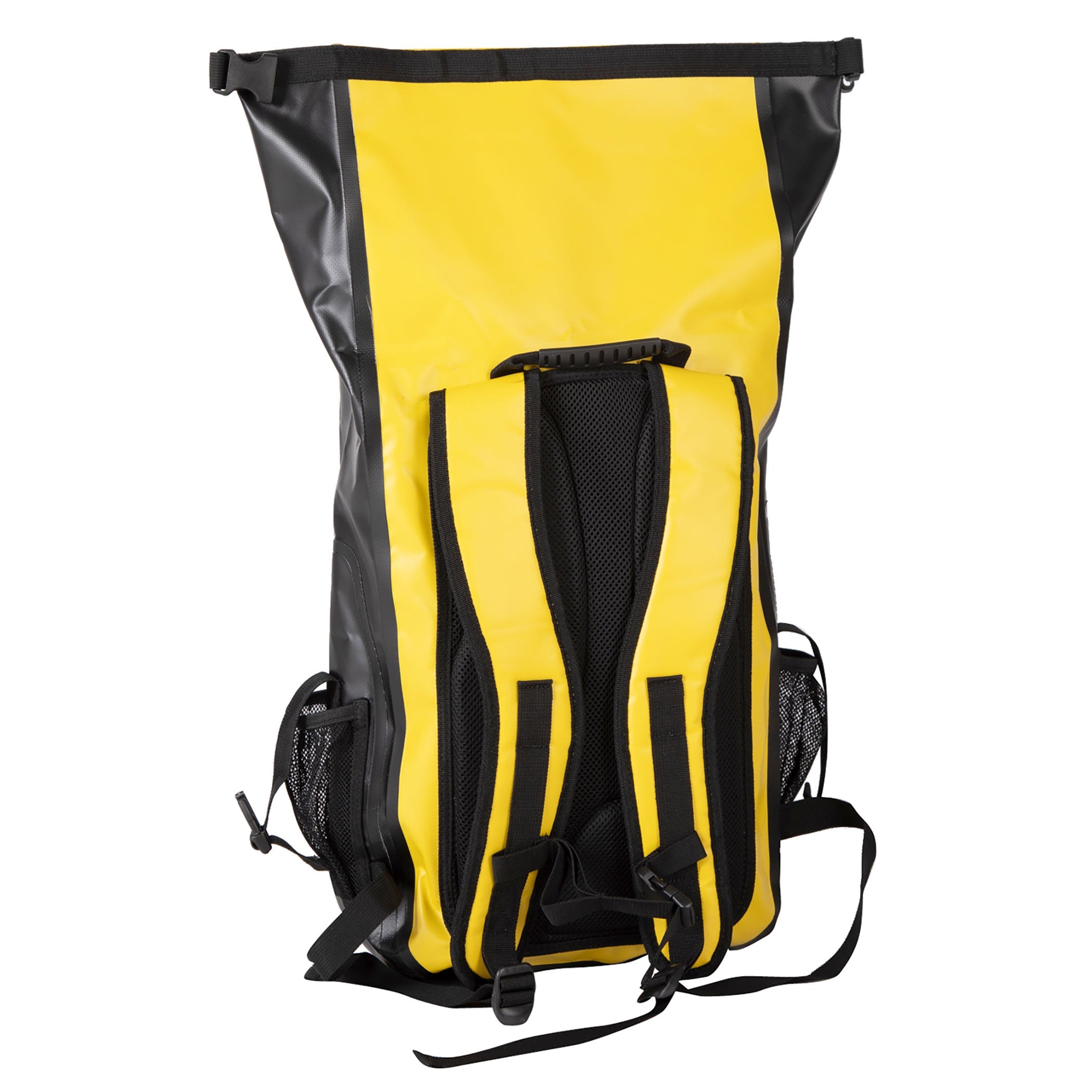 Yellow and black backpack on a white background