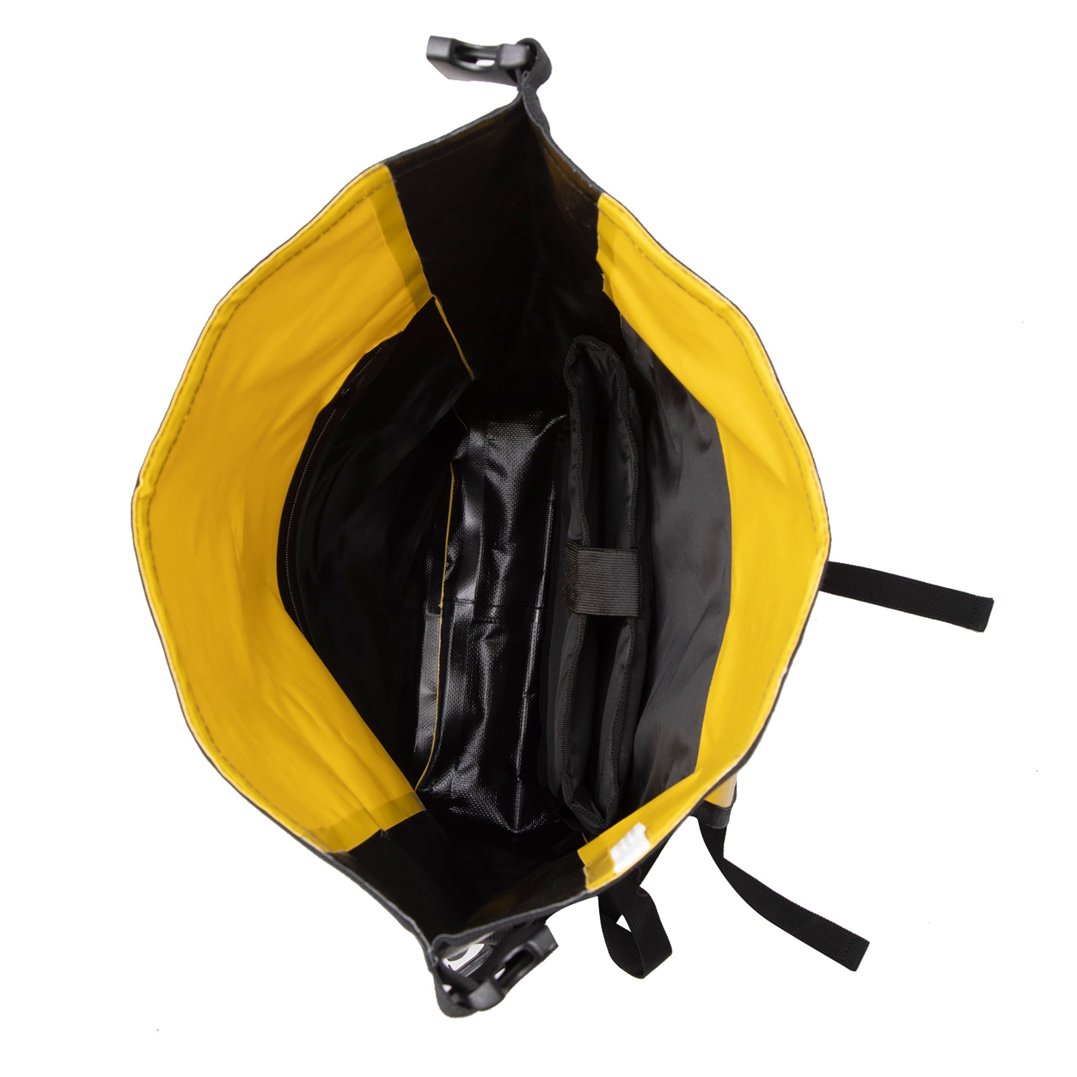 Yellow and black bag with open top on a white background