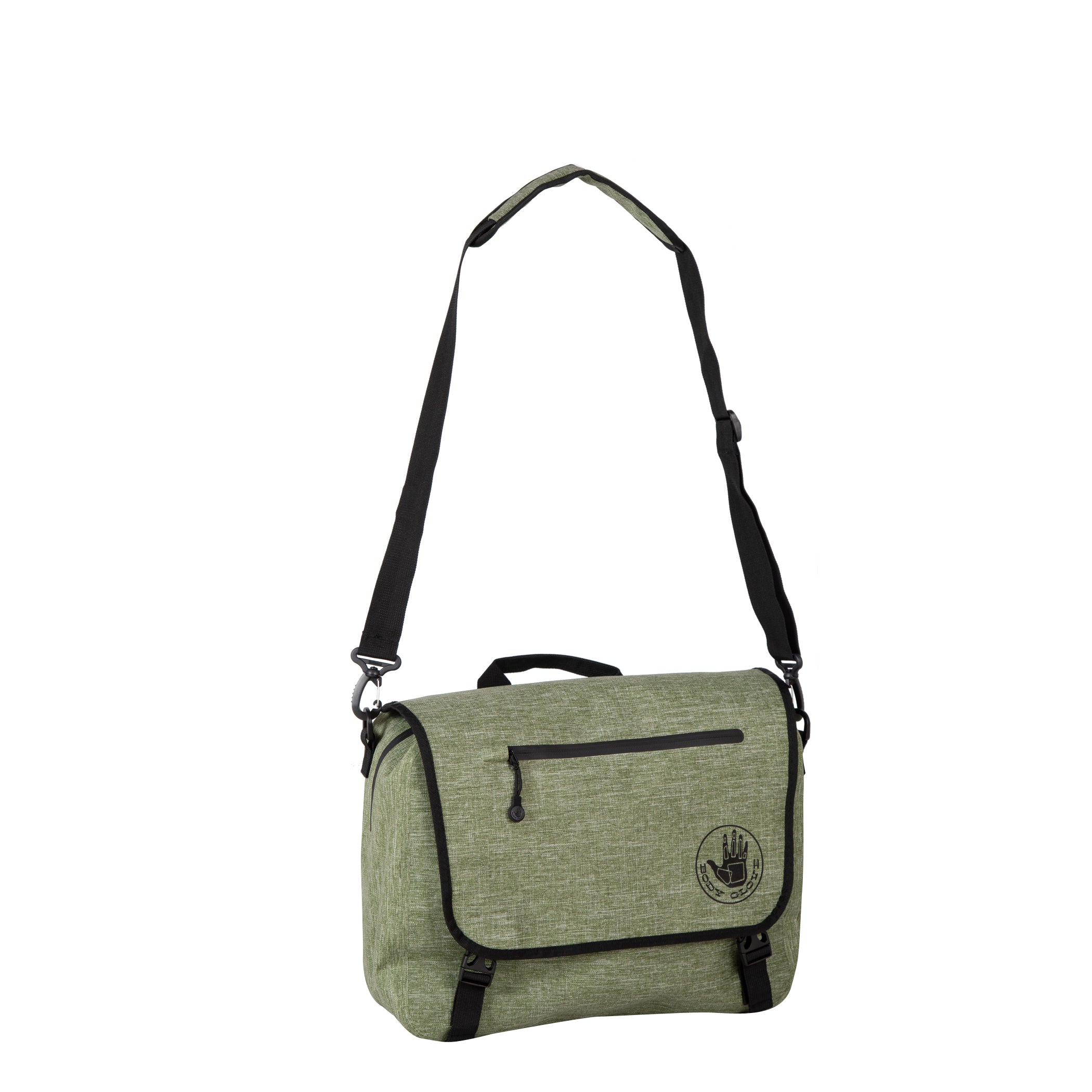 Green shoulder bag with black straps on a white background
