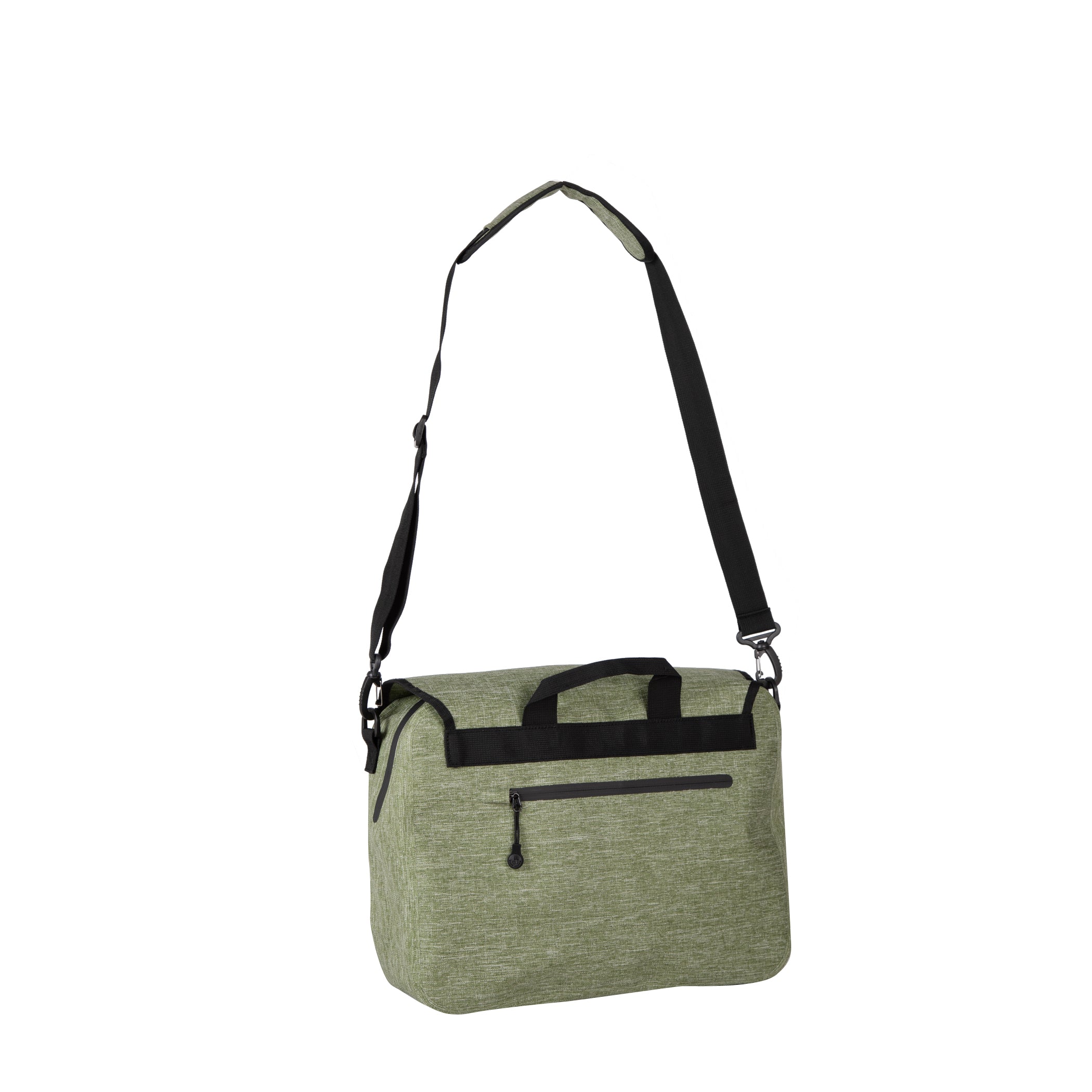 Green shoulder bag with black accents on a white background