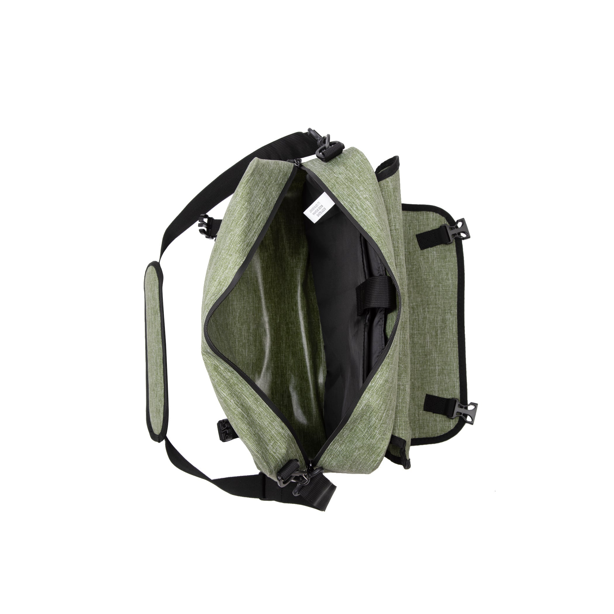 Green backpack with open front compartment on a white background