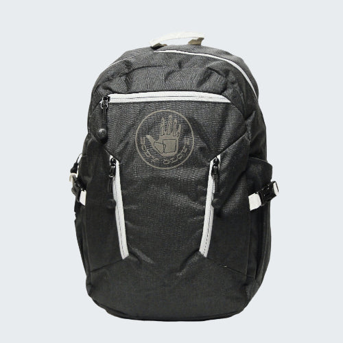 Black backpack with a logo on a white background