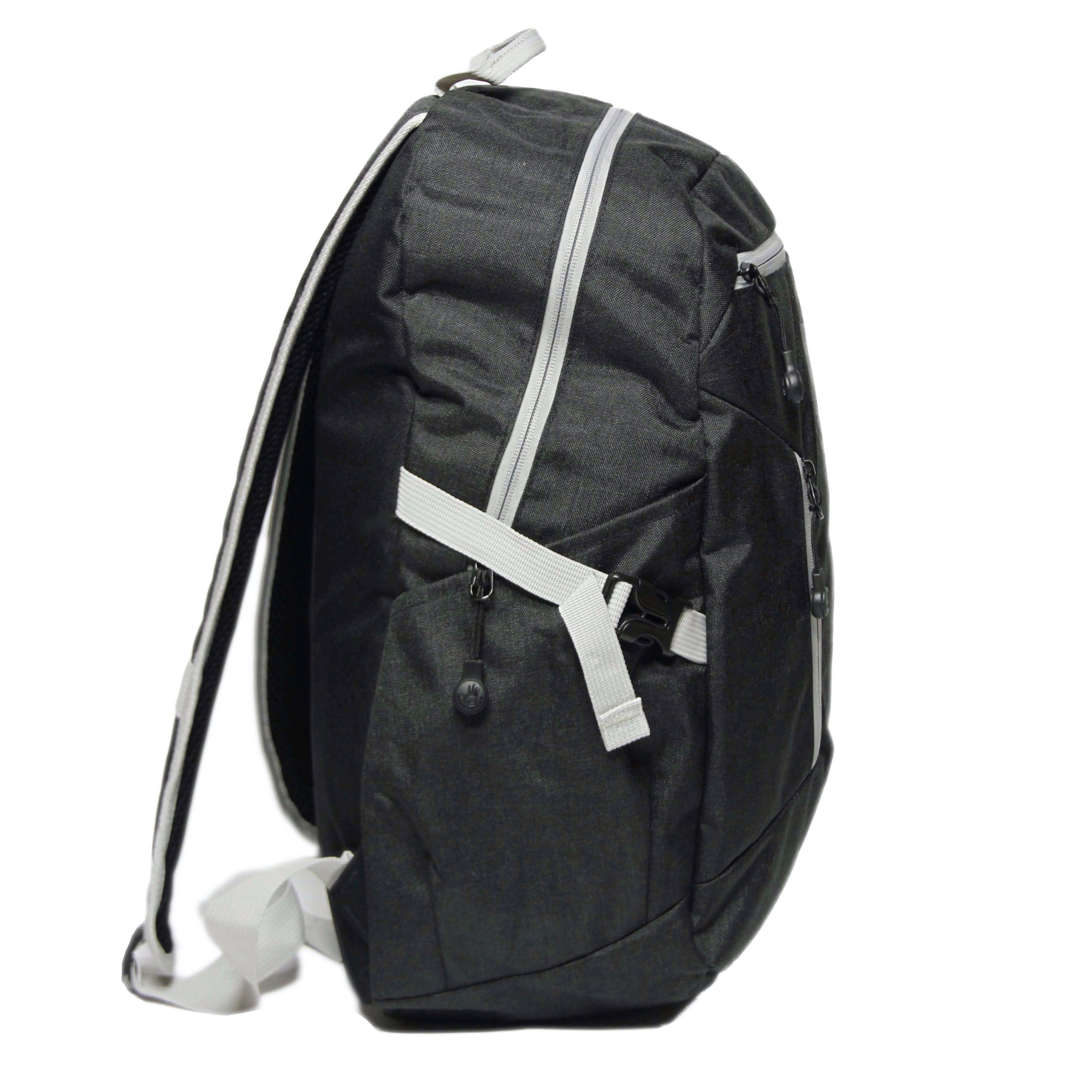Black backpack with white straps on a white background