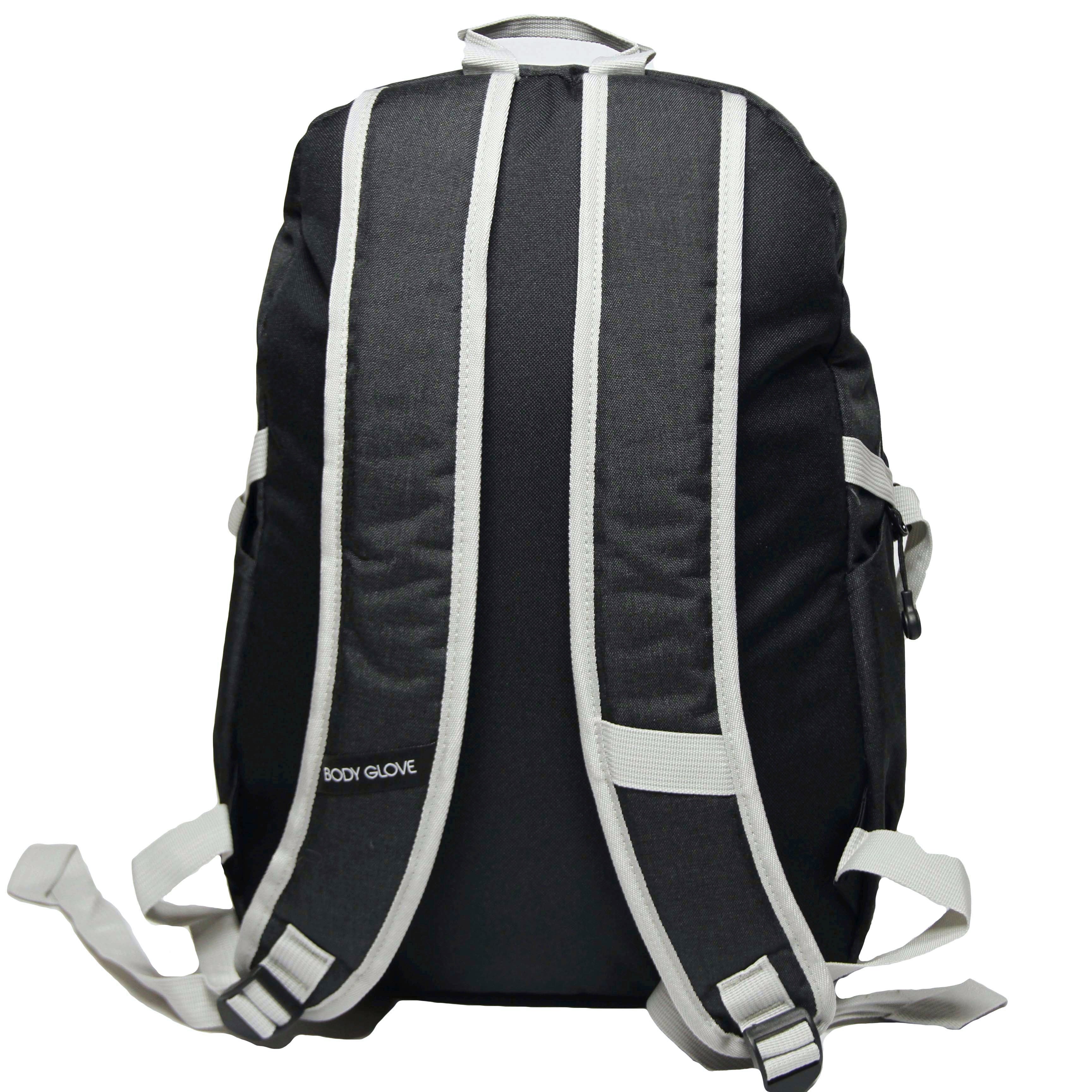 Black backpack with white straps on a white background