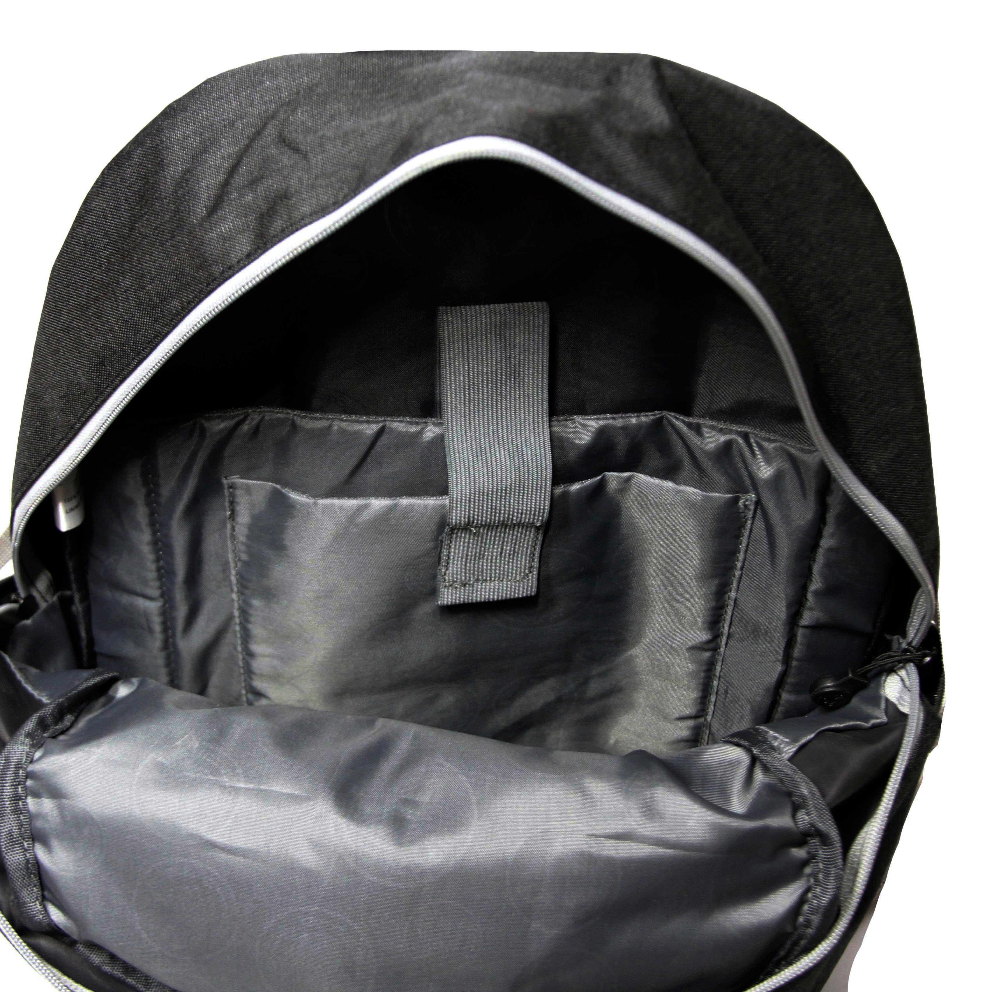 Close-up of a black backpack with a white interior
