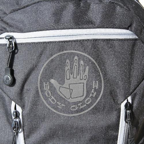 Gray backpack with a logo on the back