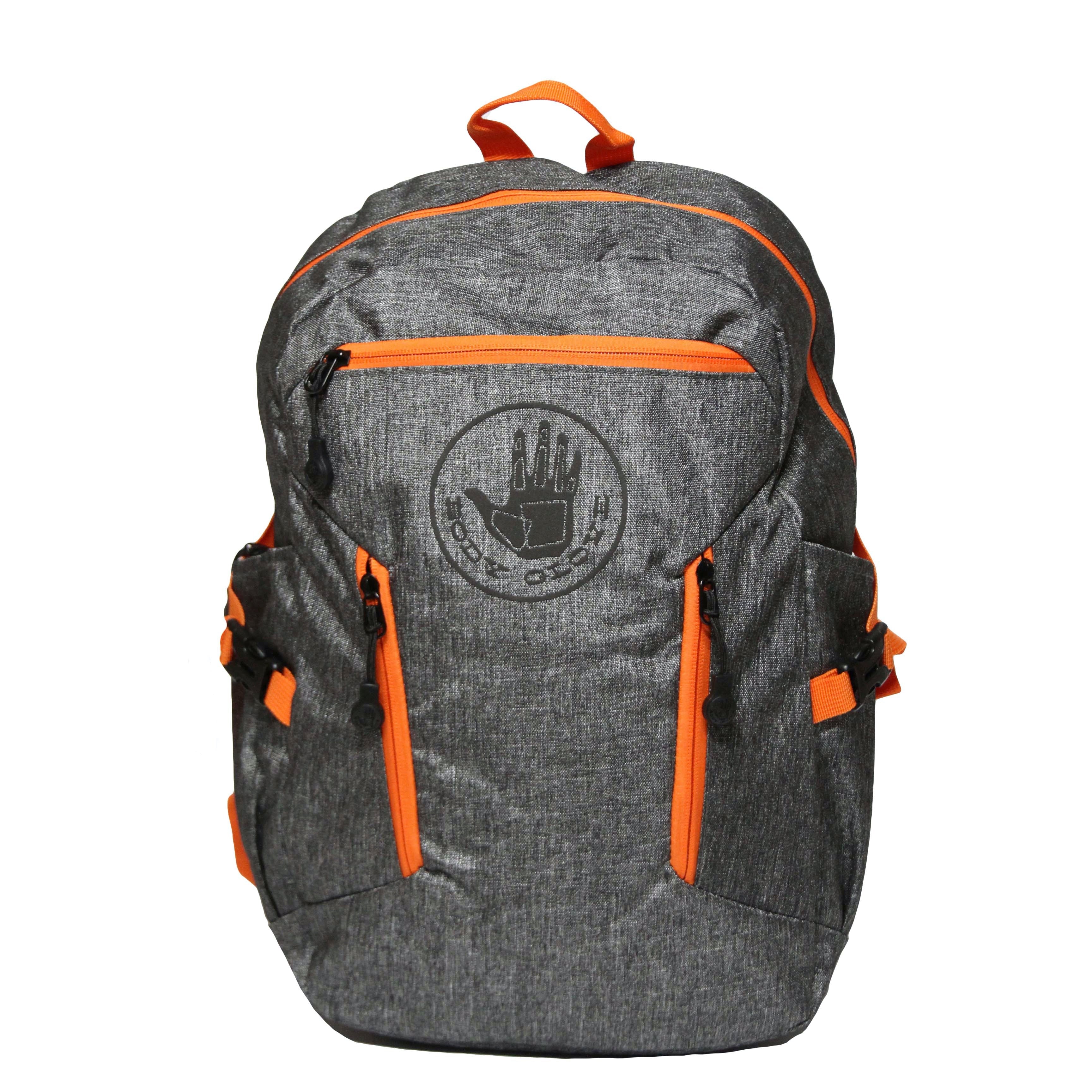 Gray backpack with orange accents and a logo on a white background
