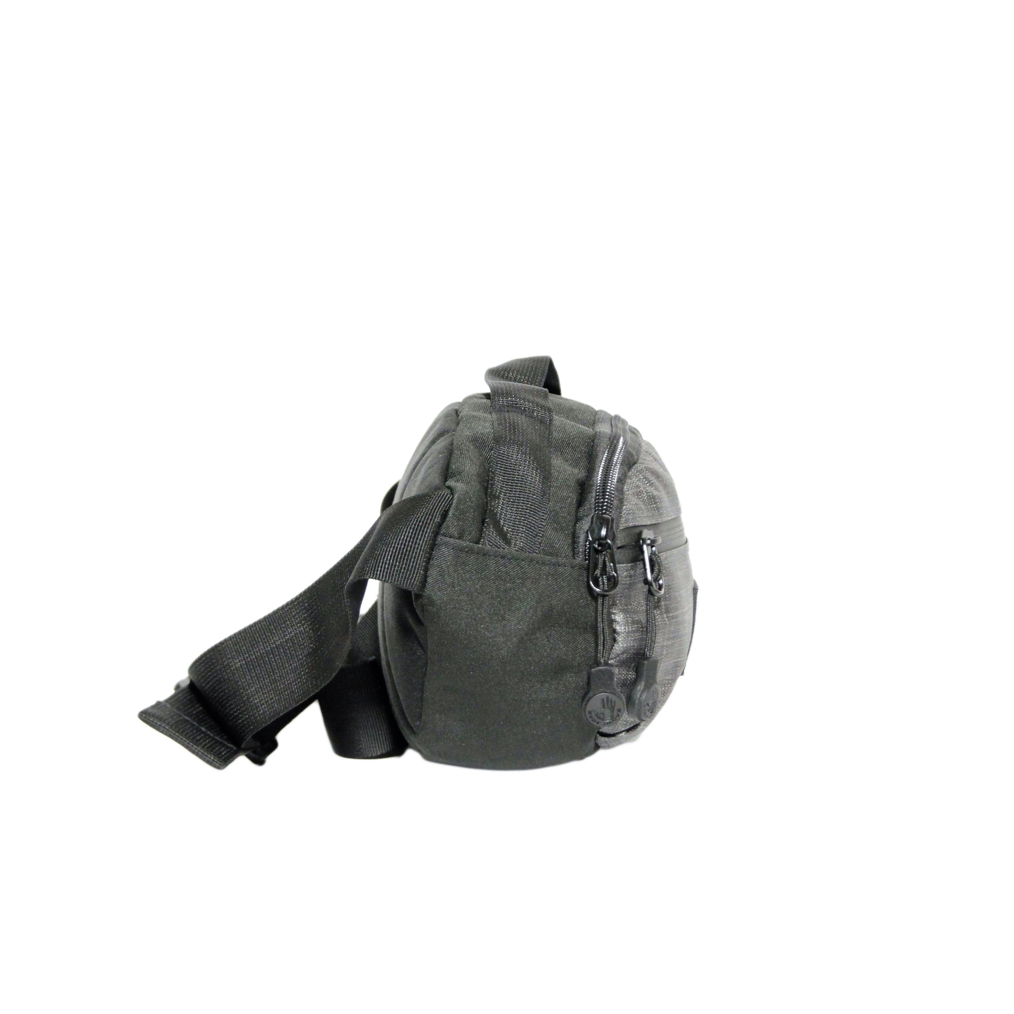 Gray tactical pouch with multiple zippers on a white background