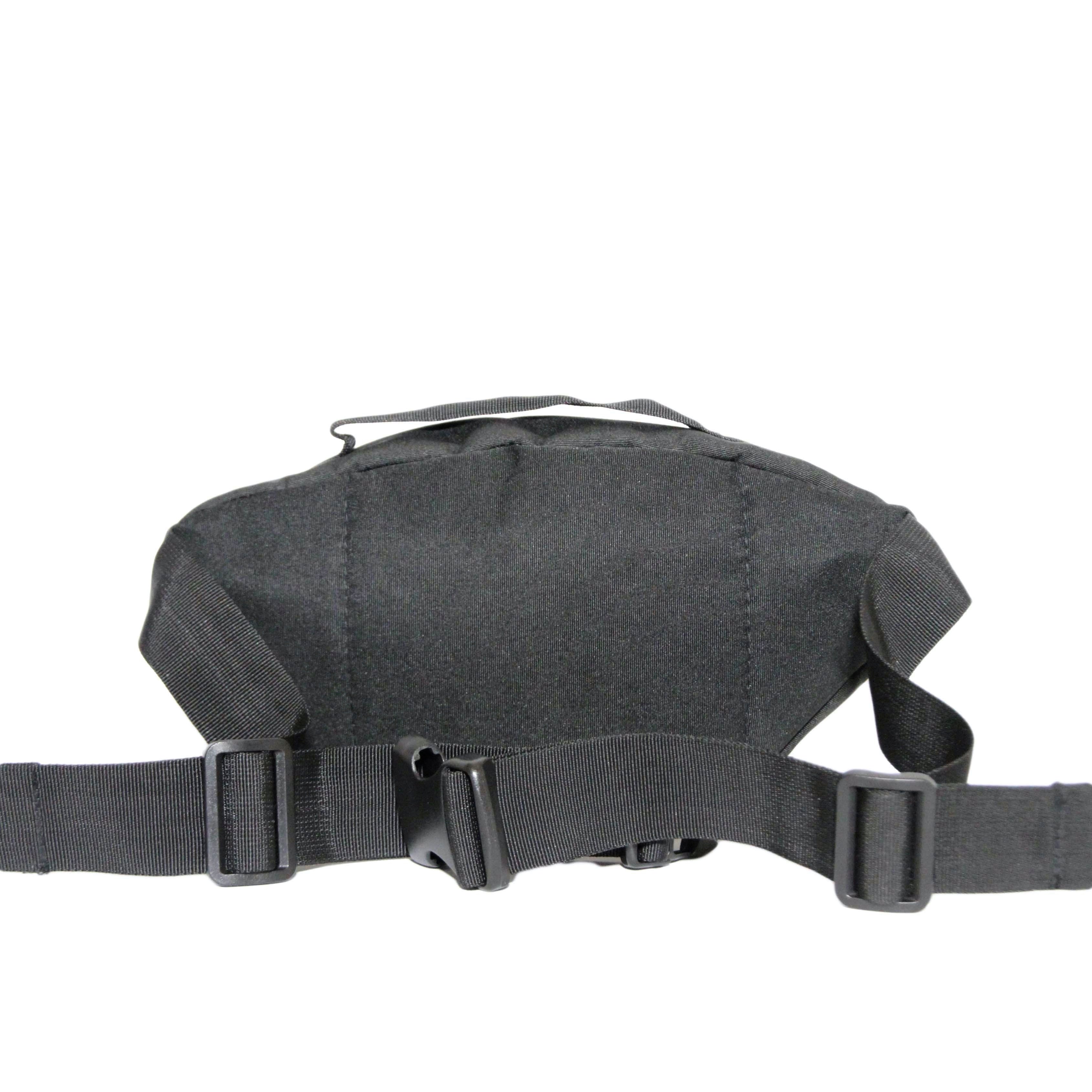 Black waist bag with a strap on a white background