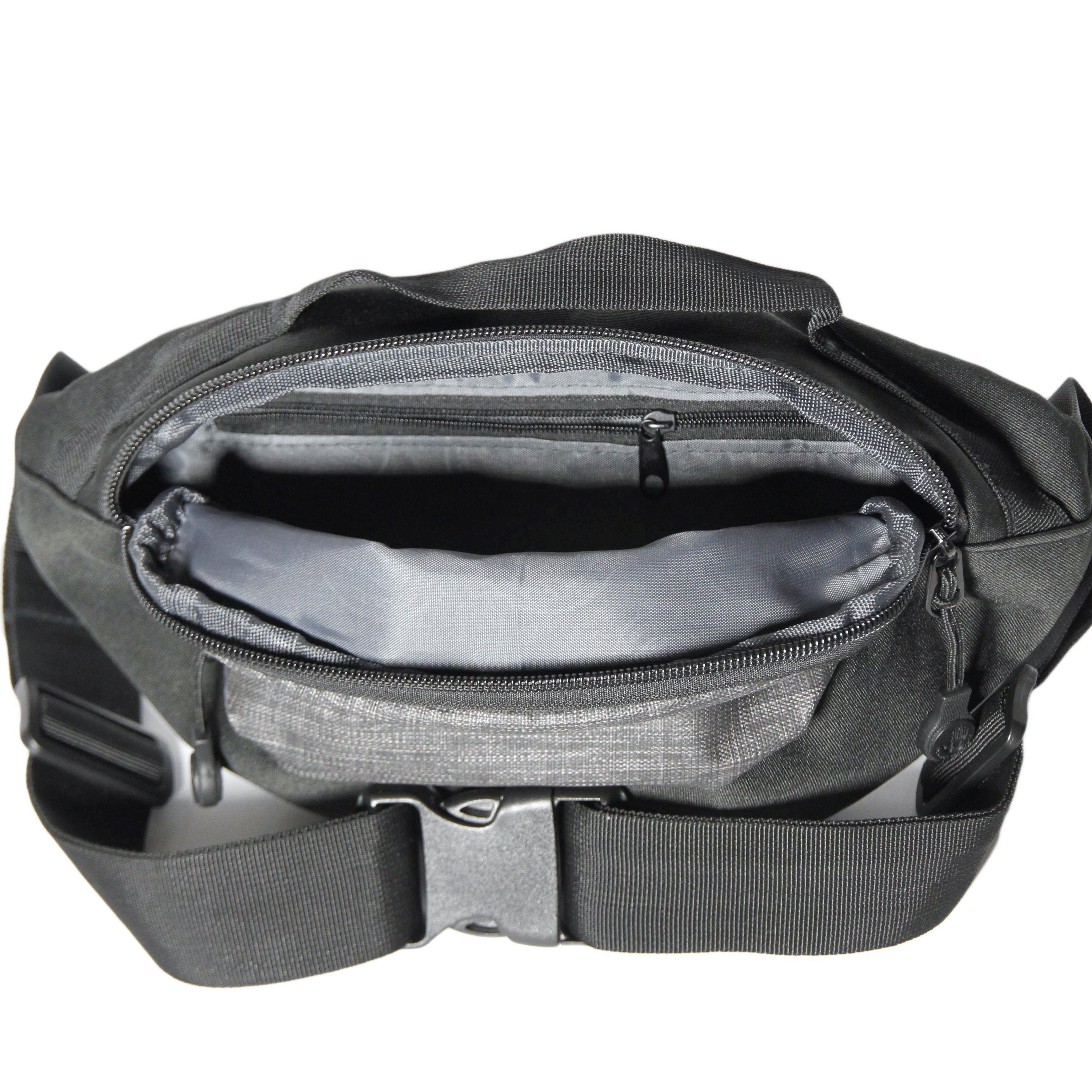 Black bag with open compartment on a white background