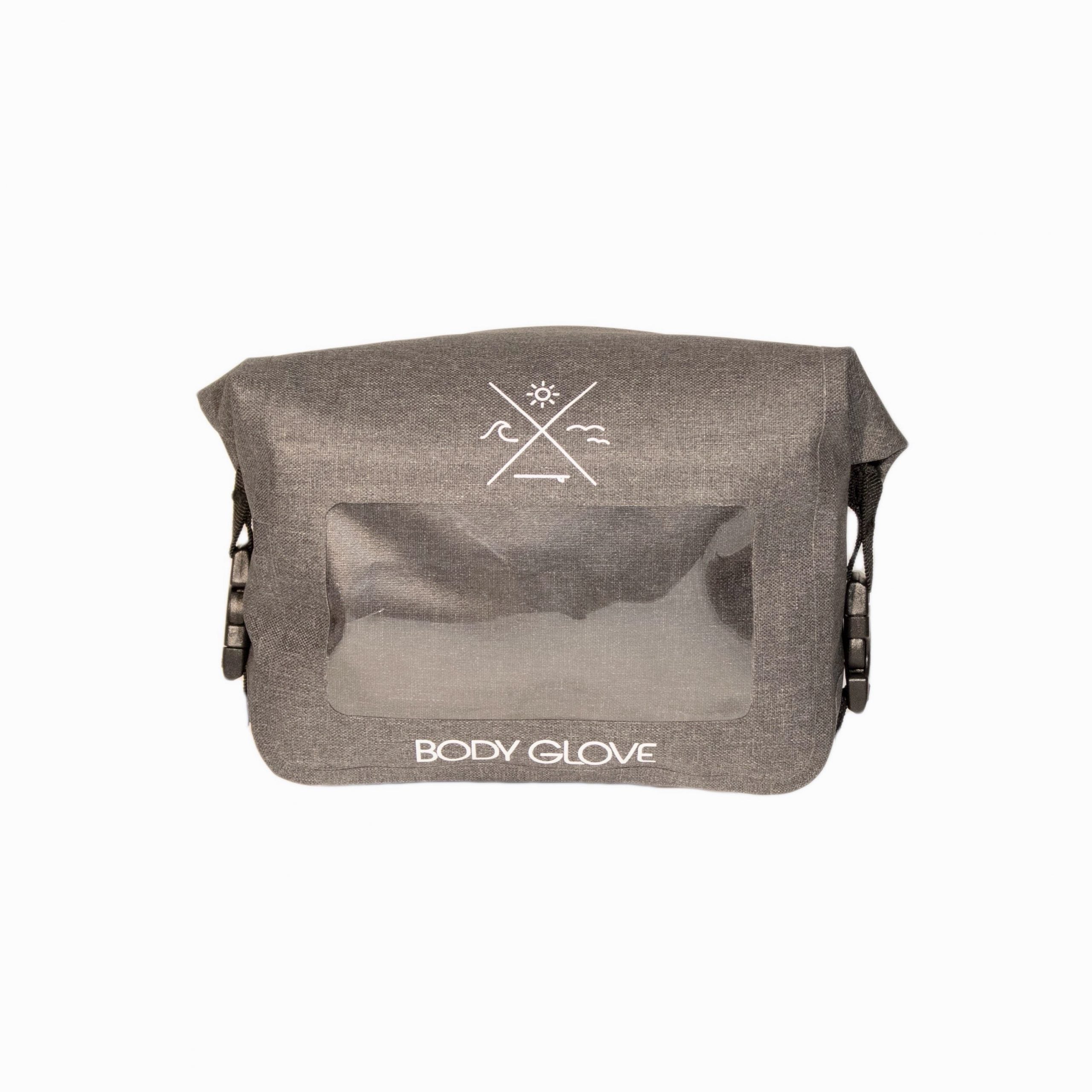 Gray waterproof bag with 'Body Glove' logo on a white background