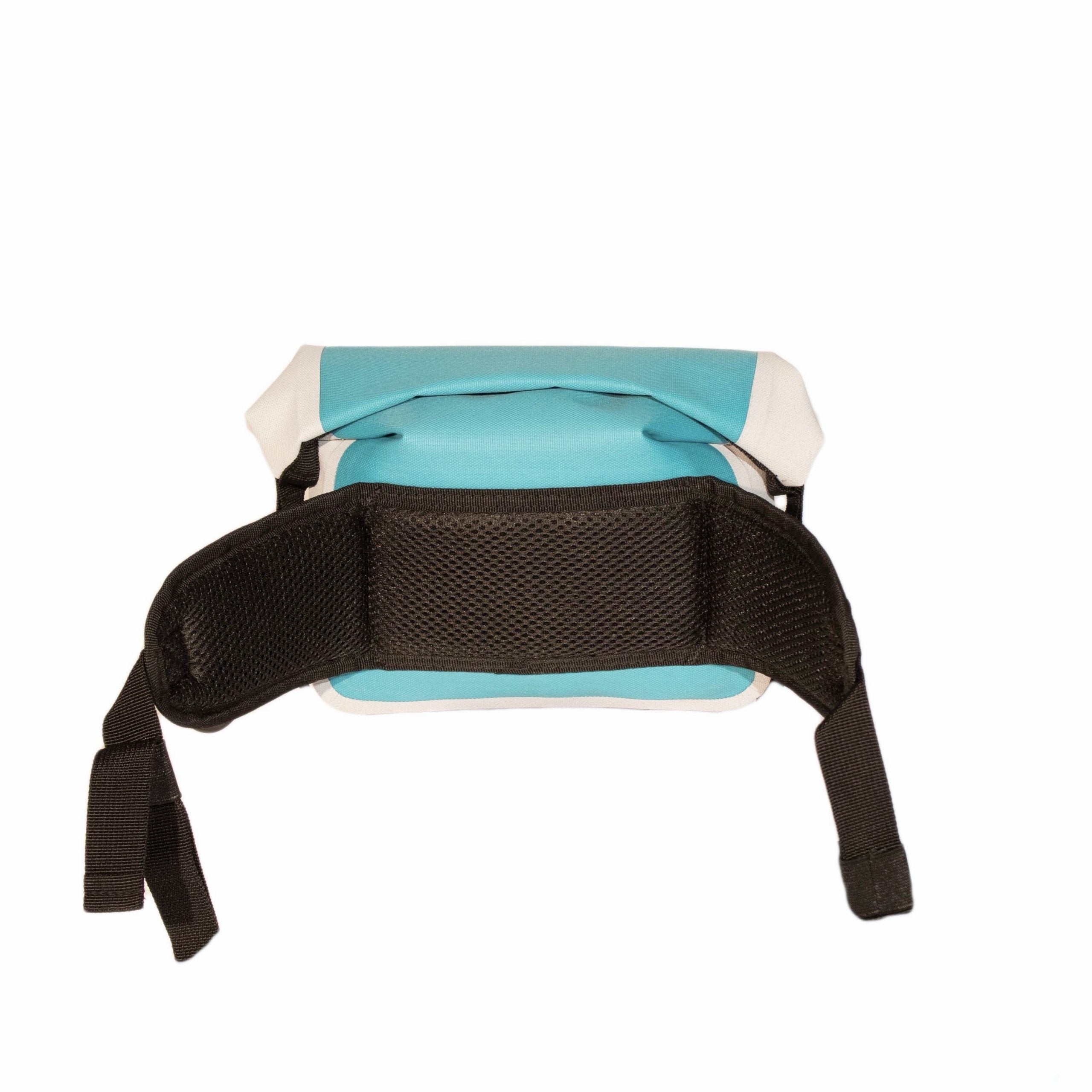 Turquoise and black dog seat cover on a white background