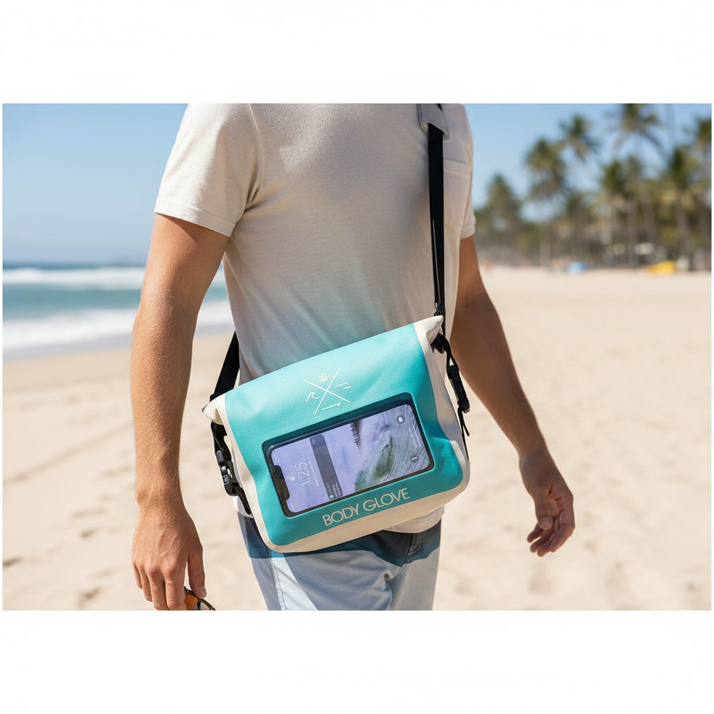 Turquoise and beige dry bag with a screen and 'Body Glove' branding on a white background